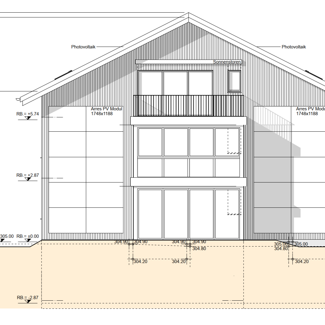 Architektonischer Entwurf eines Hauses mit Photovoltaik-Dach, Balkon, großen Fenstern und Solarmodulen.