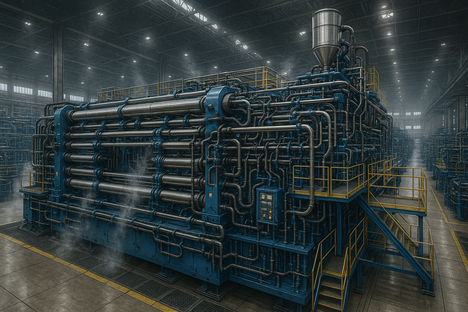Großes industrielles System mit zahlreichen Rohren und Schläuchen in einer Fabrikhalle, mit Geländer und Treppe, durchsichtiger Rauch oder Dampf, moderne Infrastruktur.