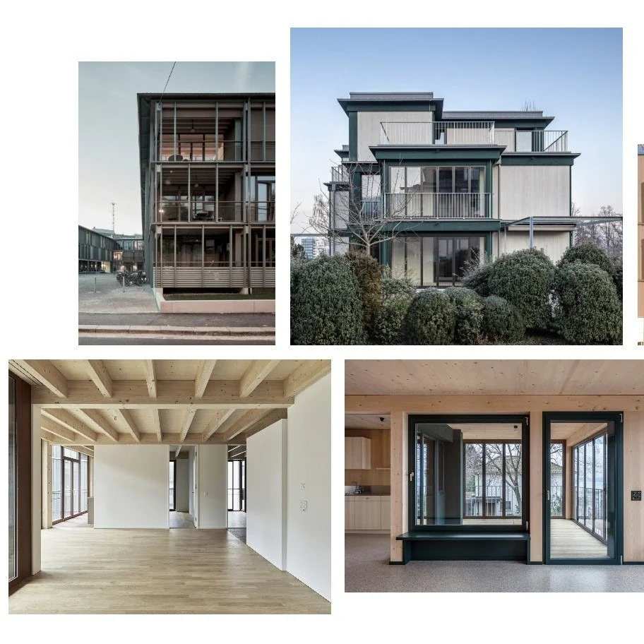 Vier Fotos eines modernen Hauses: das äußere Gebäude, die Hausfassade, das Innere eines Wohnraums mit Holzbalken und ein Raum mit großen Fenstern und einem Balkon.