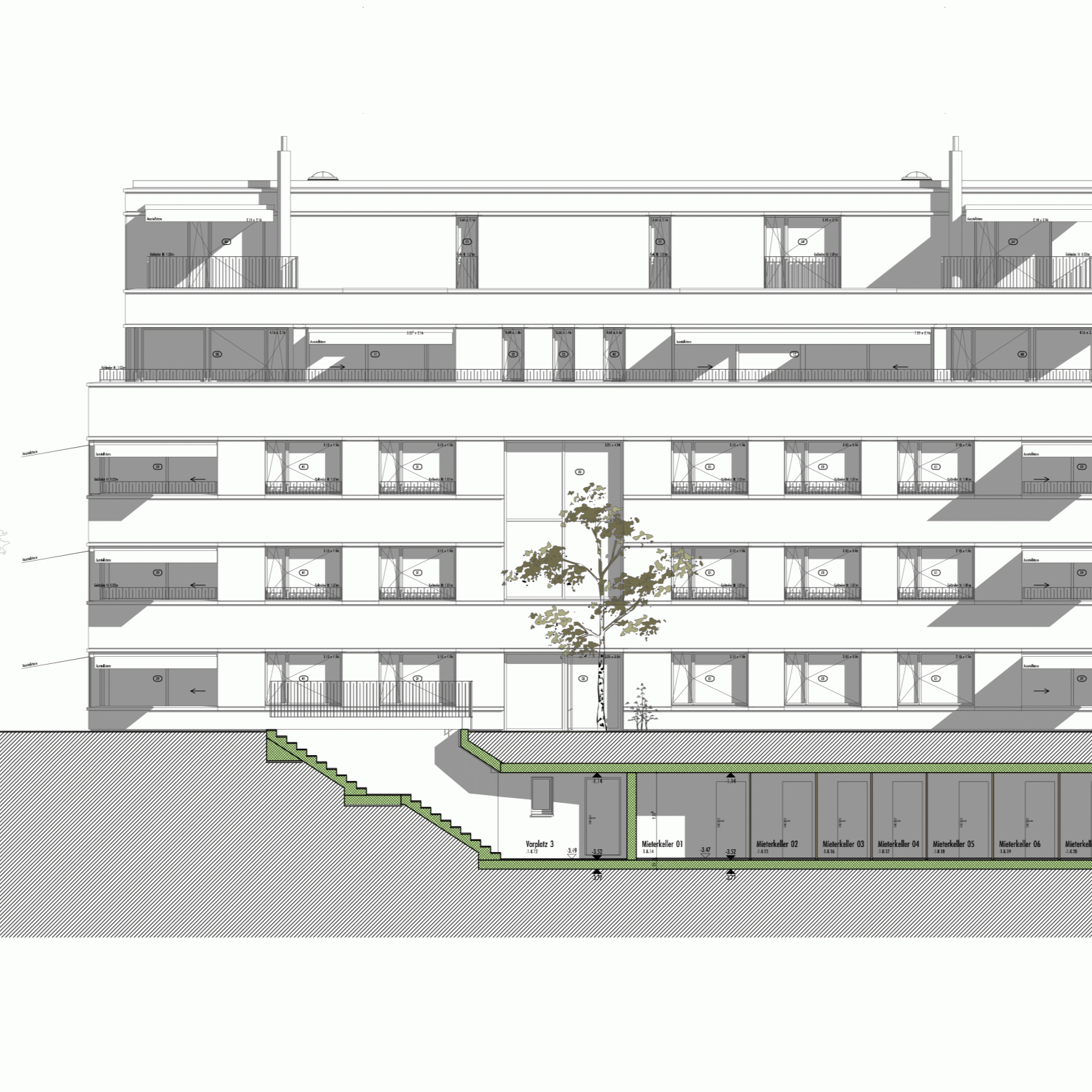 Architektonischer Bauplan eines mehrstöckigen Gebäudes mit Balkonen, Fenstern und begrüntem Außenbereich sowie Kellerflächen darunter.