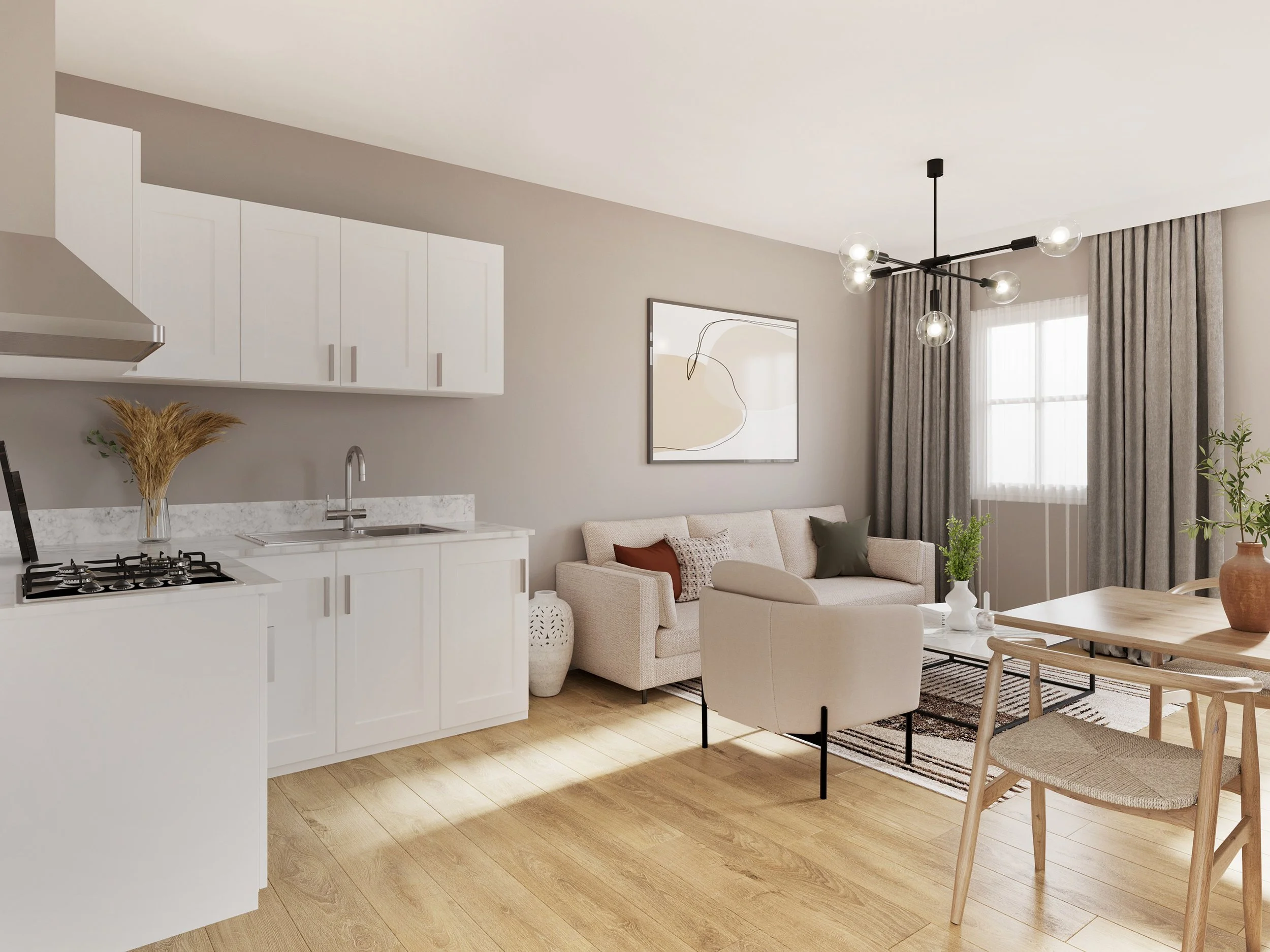 Moderner, heller Wohnbereich mit offener Küche, Sofa, Armchair, Couchtisch, Essbereich, große Fenster mit Vorhängen, Holzfußboden, dezente Wandfarbe, moderner Kronleuchter.
