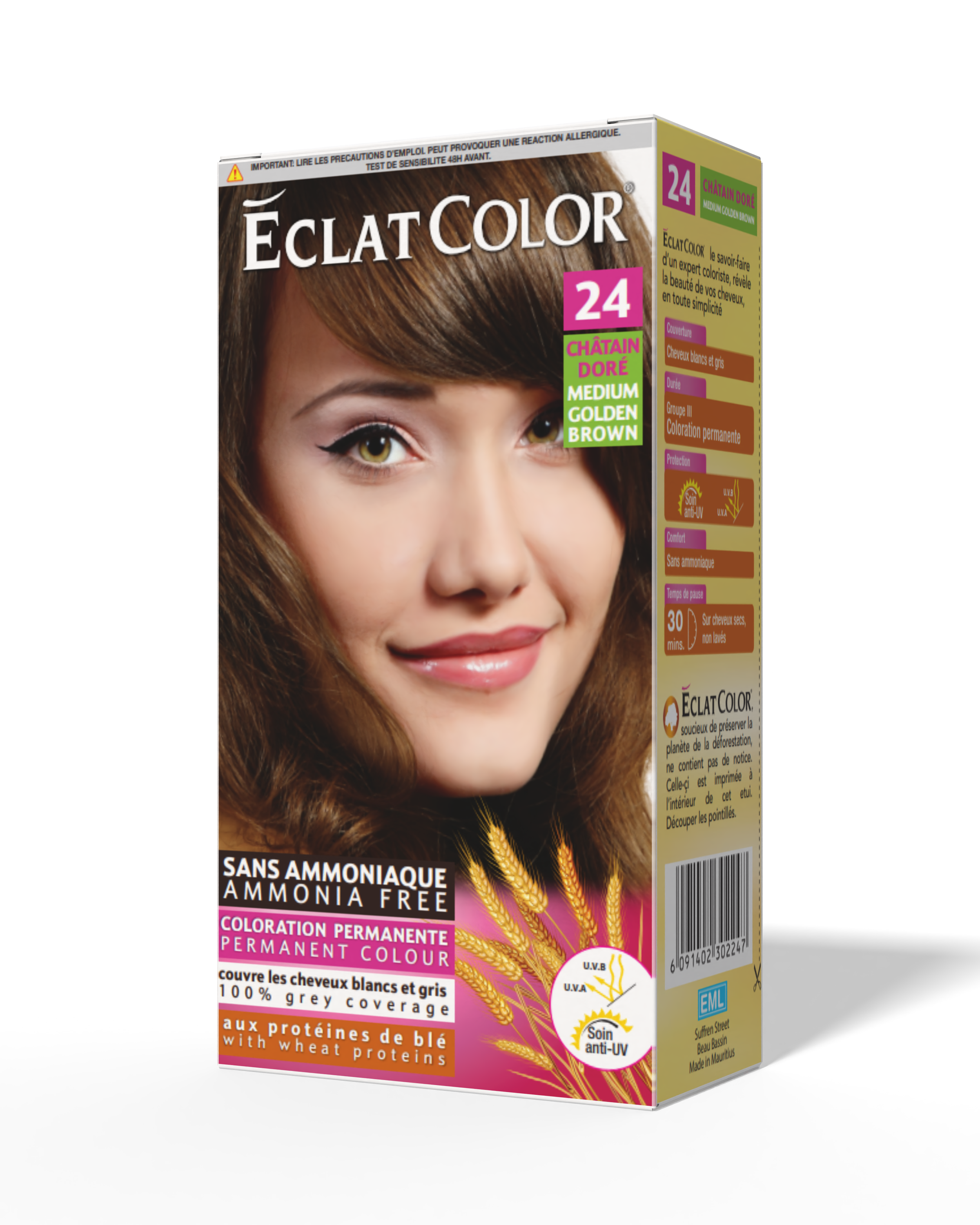 Box of Éclat Color permanent hair dye in shade 24 Châtain Doré, medium golden brown, featuring a woman with shoulder-length brown hair, smiling.
