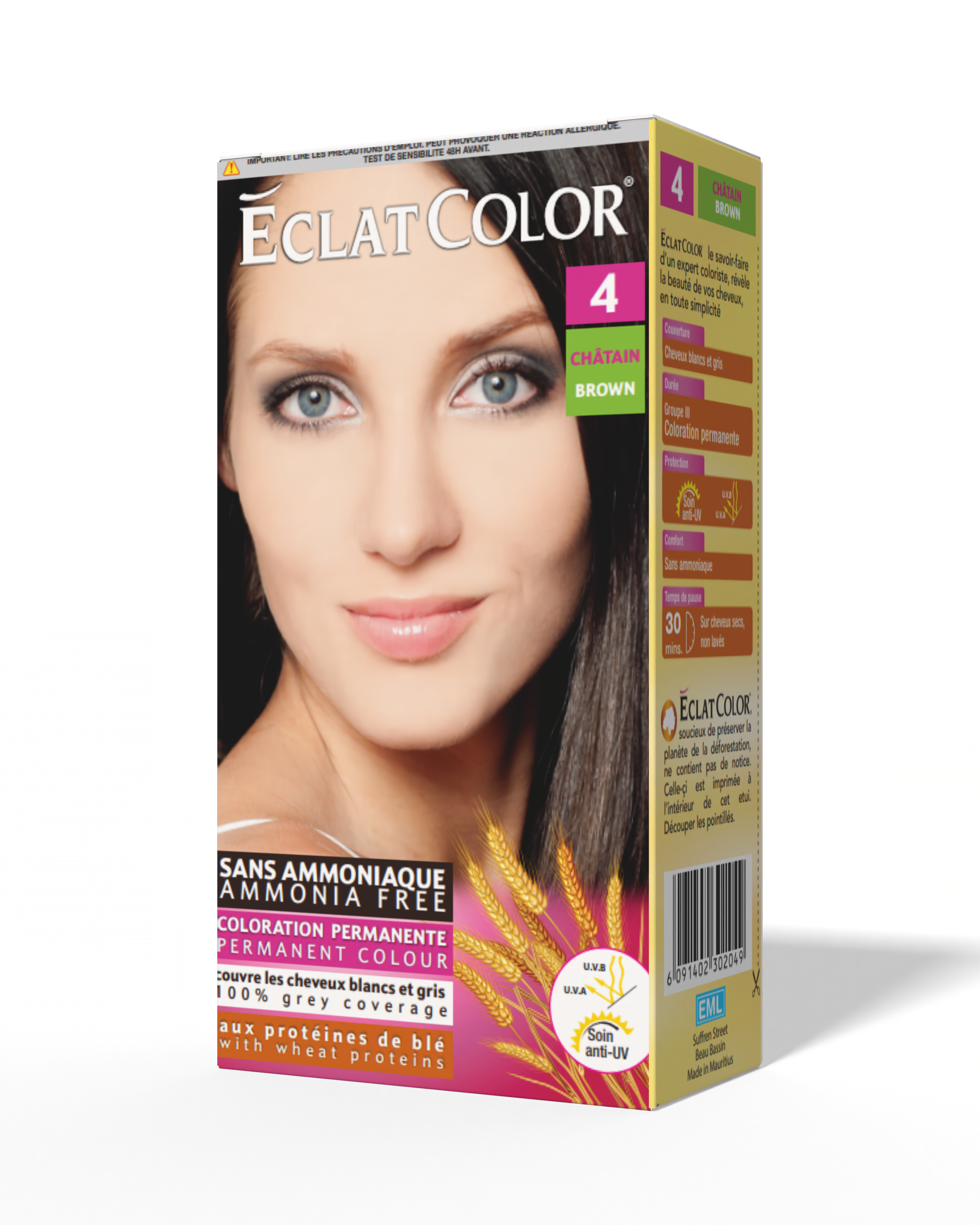 Box of Éclat Color permanent hair dye in shade 4 châtain (brown). The box features a smiling woman with light skin and blue eyes, with text indicating it is ammonia-free and provides 30 minutes of color development. The packaging has pink, green, and yellow accents and includes icons for UV protection and wheat proteins.
