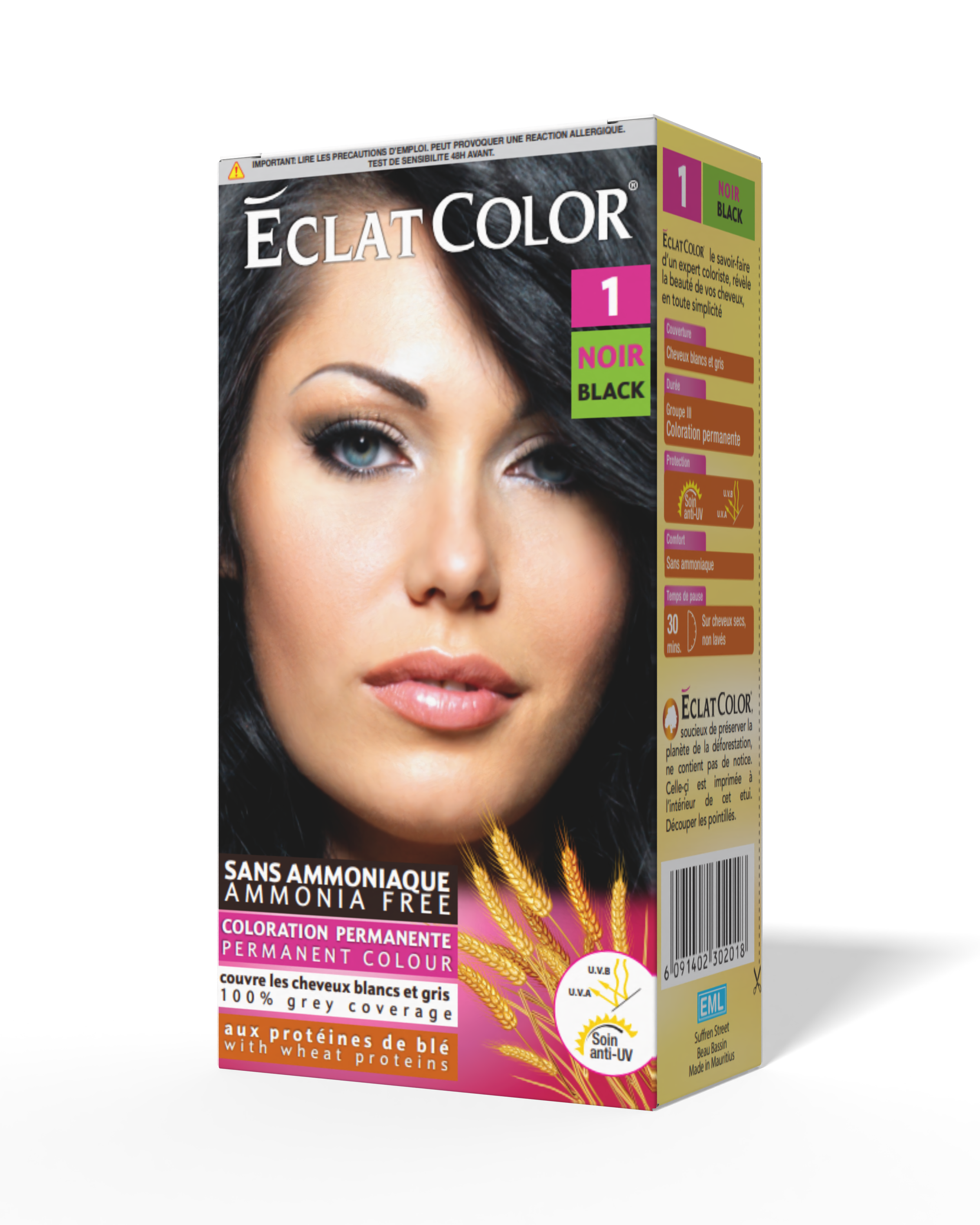 Packaging of Eclat Color hair dye in shade black featuring a woman's face with black hair.