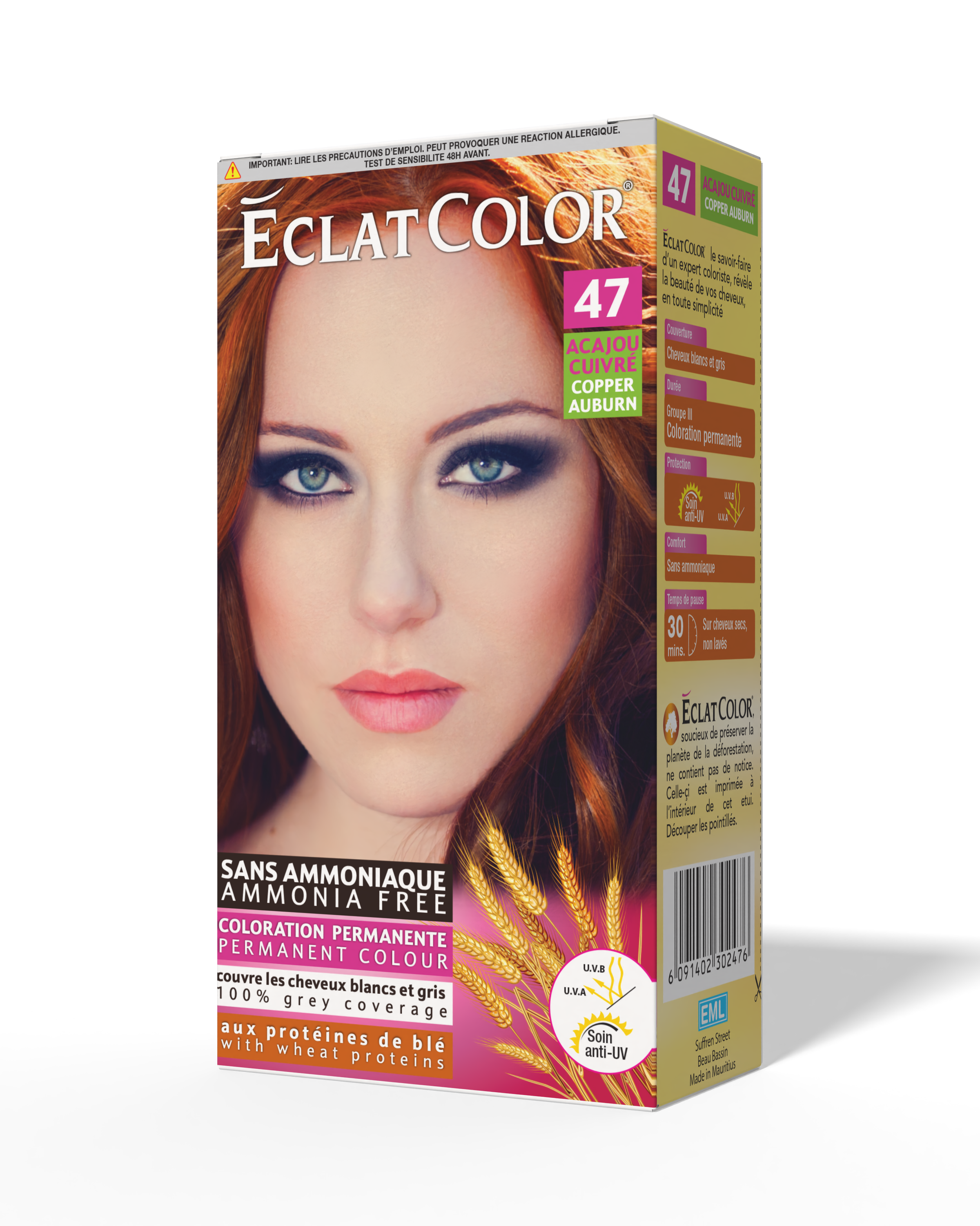 Box of Eclat Color hair dye in Copper Auburn shade, featuring a woman with red hair and blue eyes, with product details in French and English.