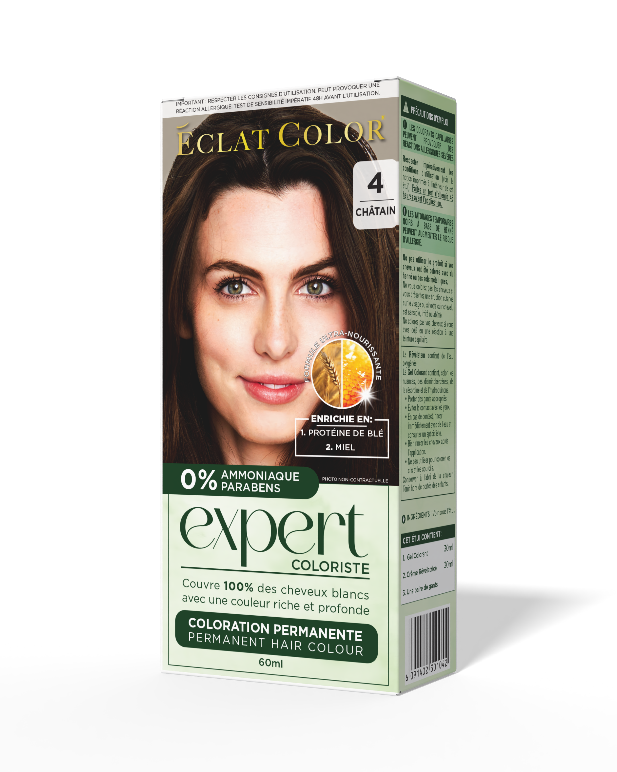 Box of Éclat Color expert permanent hair dye in shade 4 Châtain, with a woman with brown hair and green eyes on the front, green and white packaging, and product details in French.