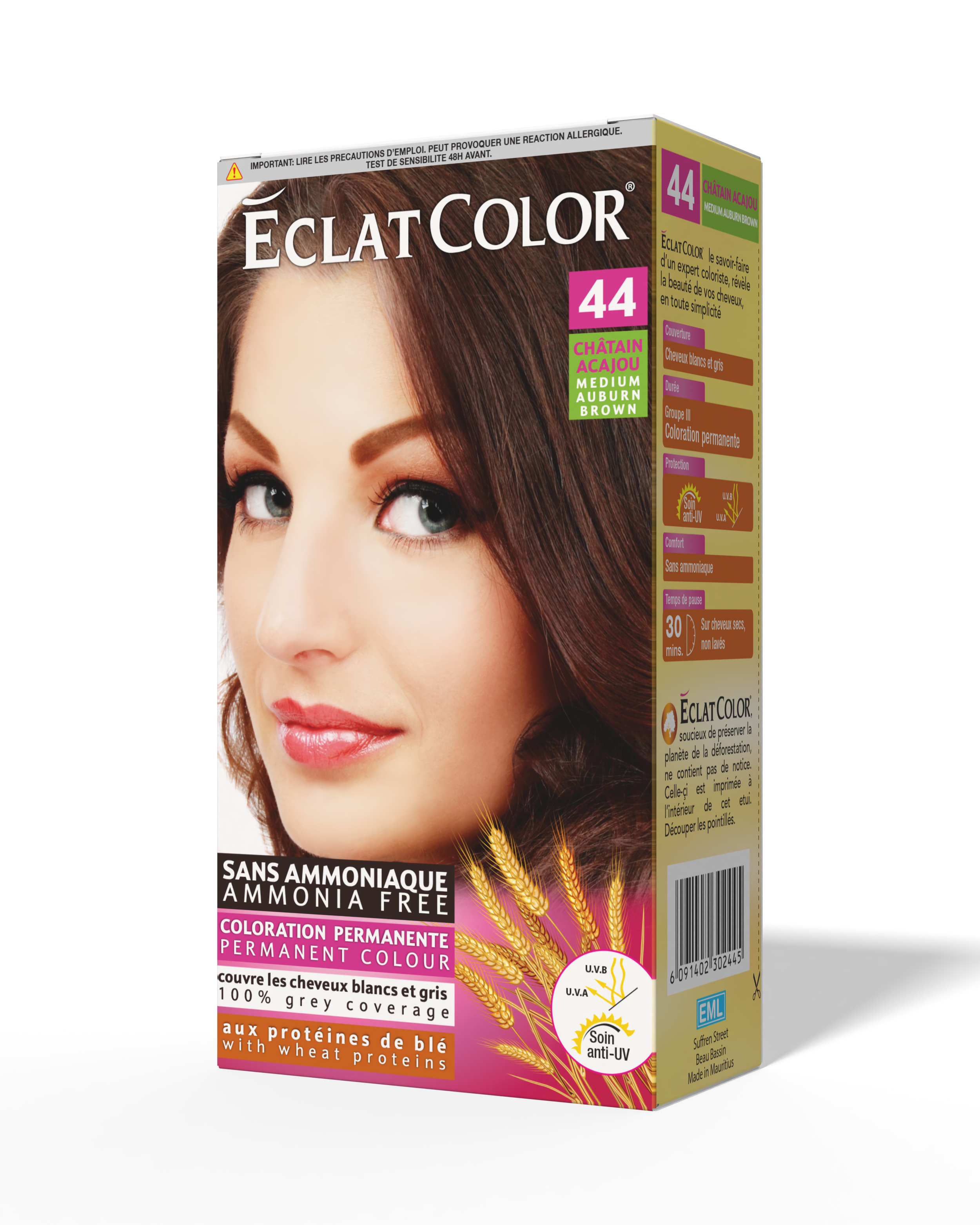 Box of Éclat Color hair dye in shade 44 Châtain Aciéjou, medium auburn brown. The packaging features a woman with brown hair and includes information about no ammonia, permanent color, and UV protection.