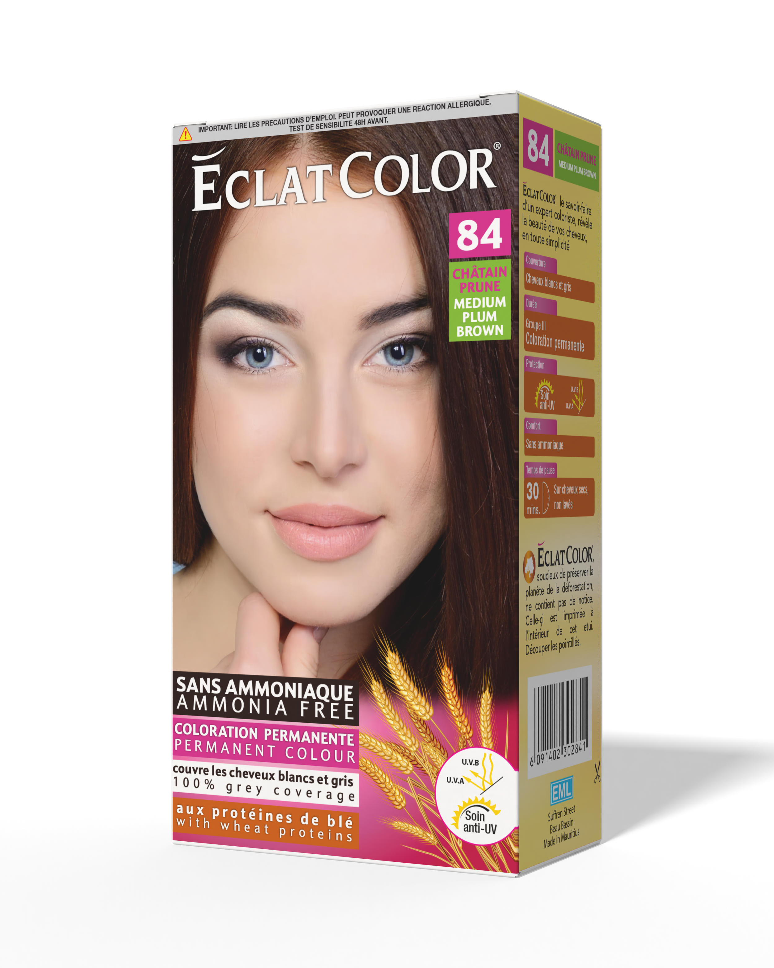 Box of Eclat Color permanent hair dye in shade 84 Châtain Prune, medium plum brown, with a smiling woman with medium brown hair on the front.