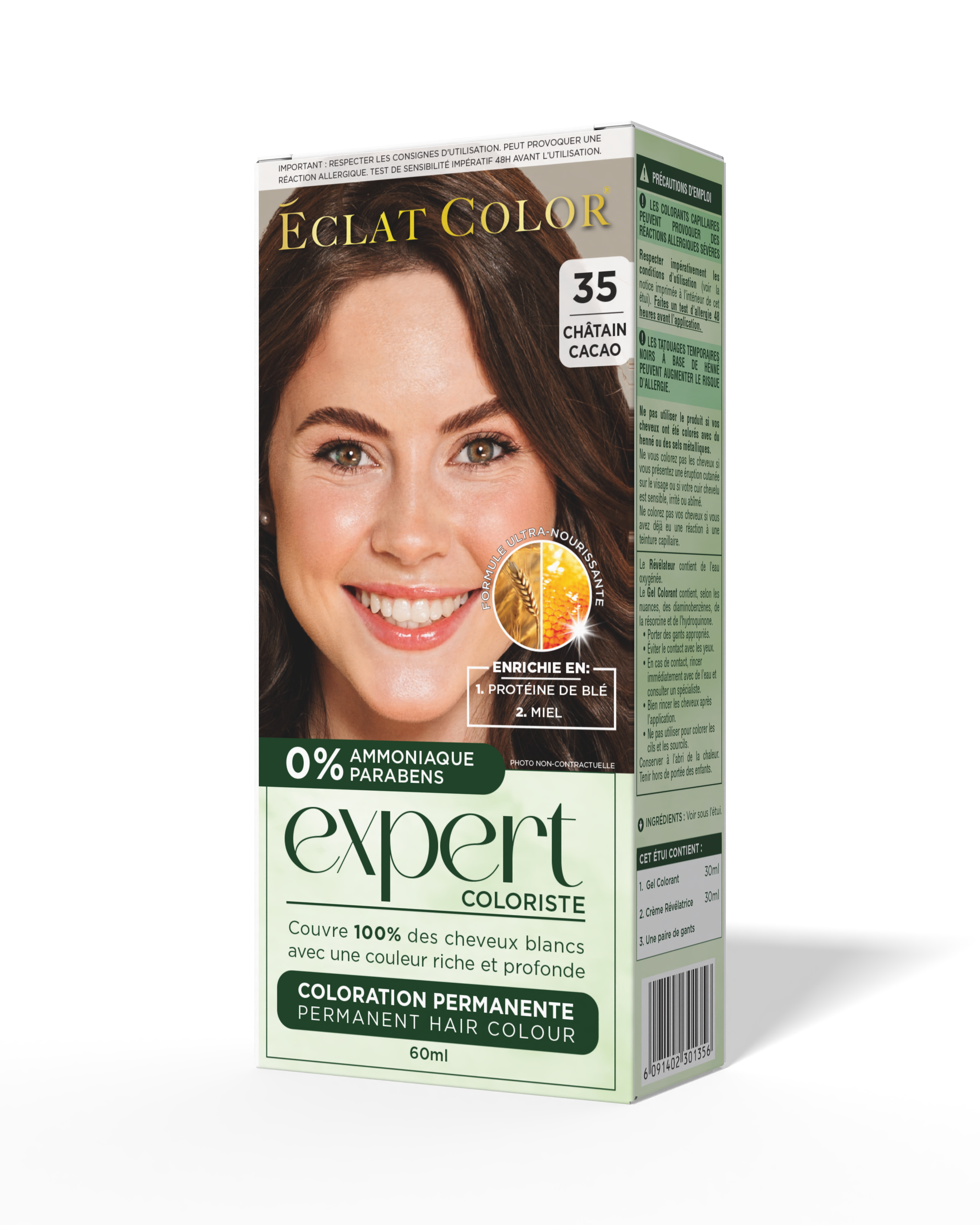 Box of Eclat Color expert permanent hair dye in shade 35 Châtain Cacao, featuring a smiling woman with brown hair, green eyes, and light skin, highlighting its rich, deep brown color.