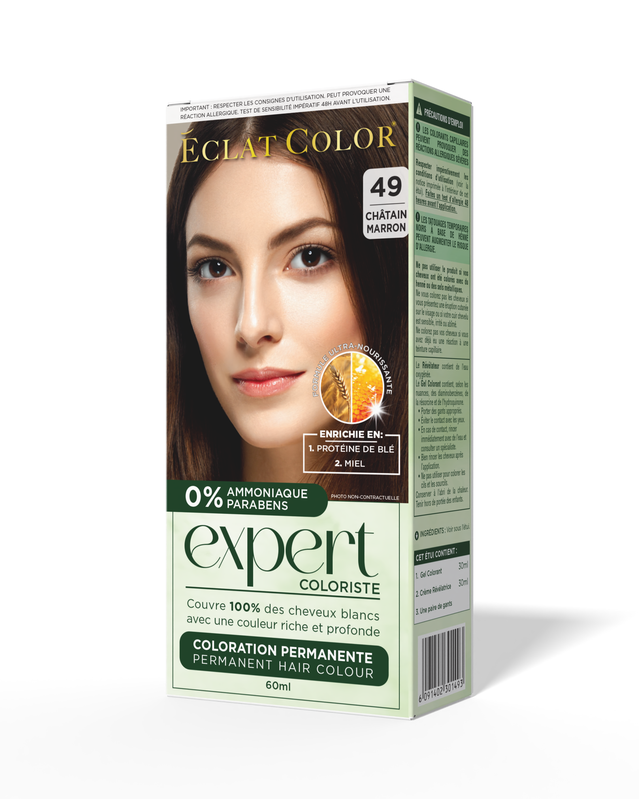 Box of Eclat Color Expert permanent hair dye in shade 49 Châtain Marron with a model with long, straight brown hair on the front.