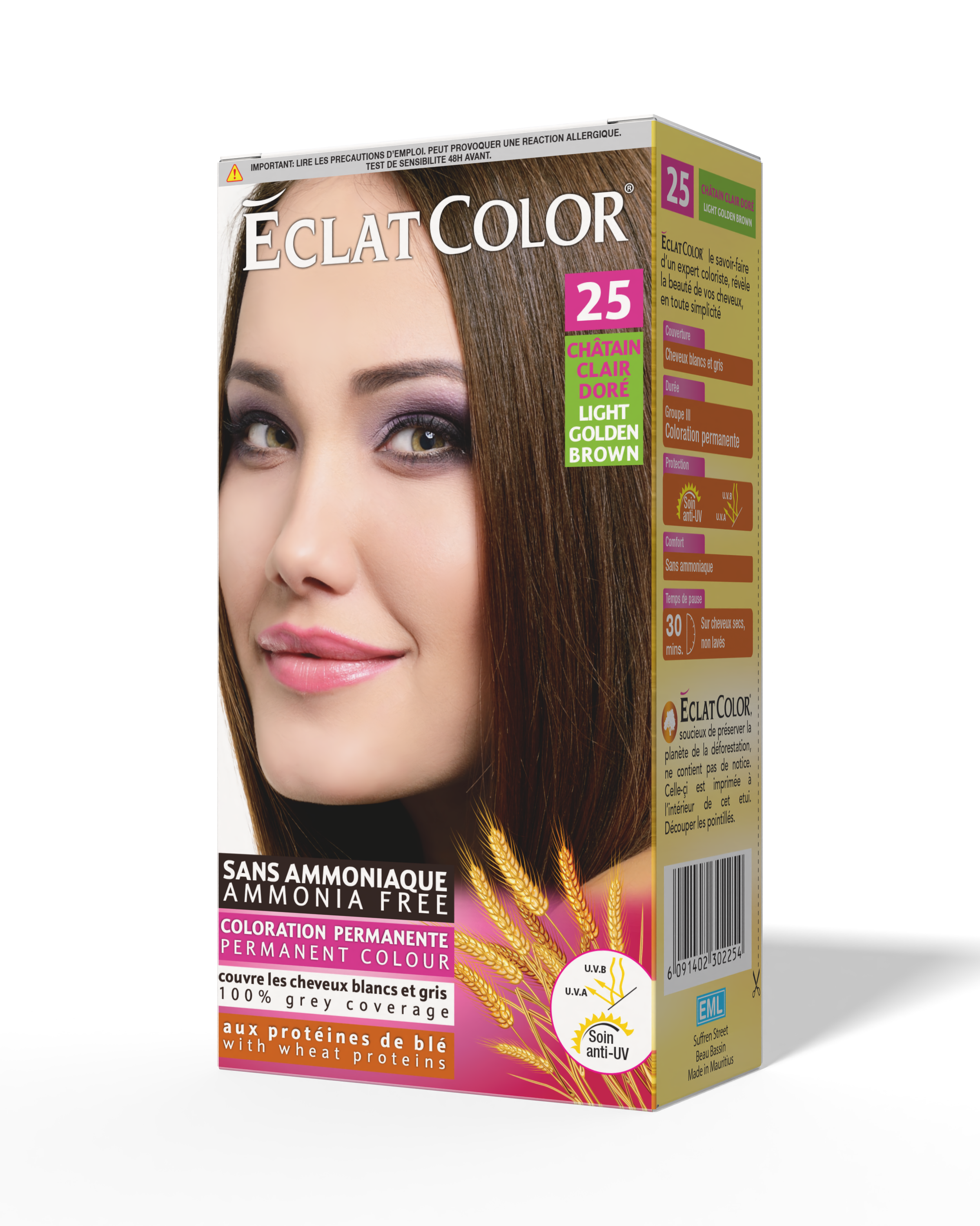 A box of Éclat Color hair dye in shade 25, light golden brown, featuring a woman with straight, shiny brown hair, makeup, and a playful expression.