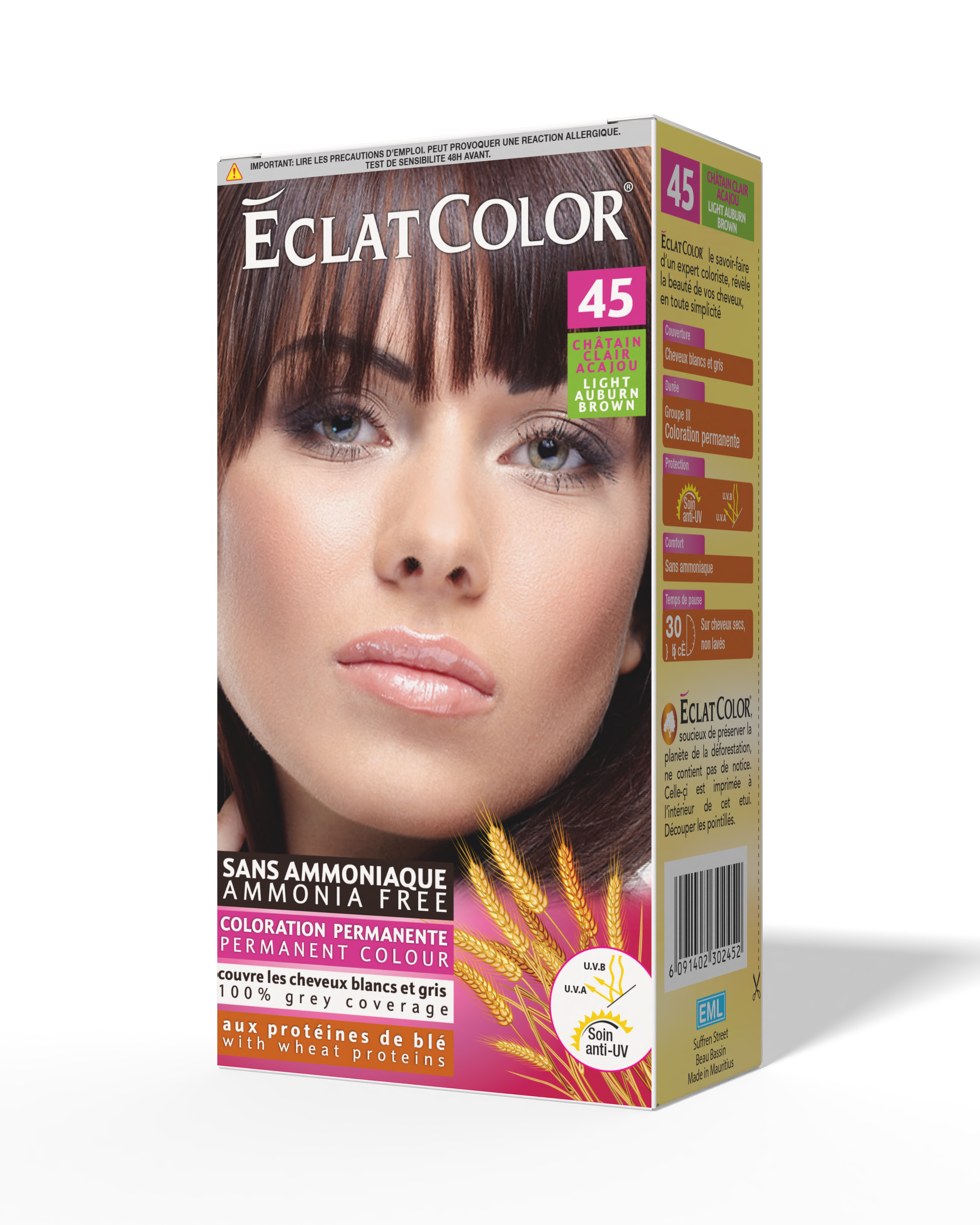 Box of Eclat Color permanent hair dye in shade 45 Light Auburn Brown, featuring a woman with light brown hair and bangs, yellow wheat illustrations, and various product information in French and English.