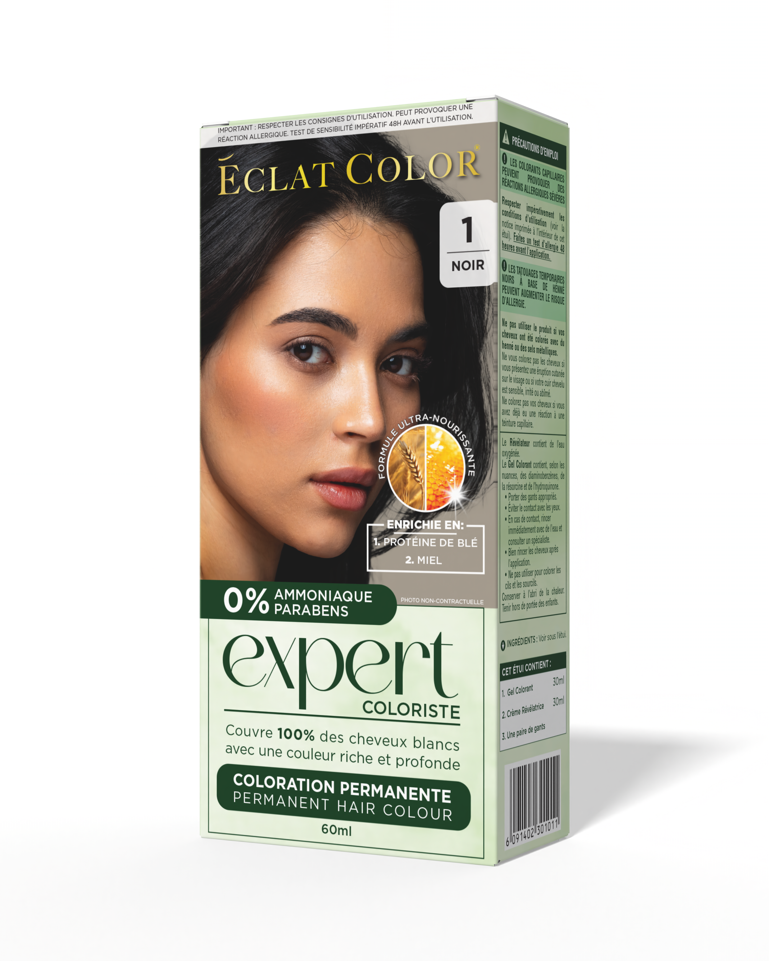 Box of Eclat Color expert permanent hair color in shade 1 black, with a woman's face on the front and green accents.