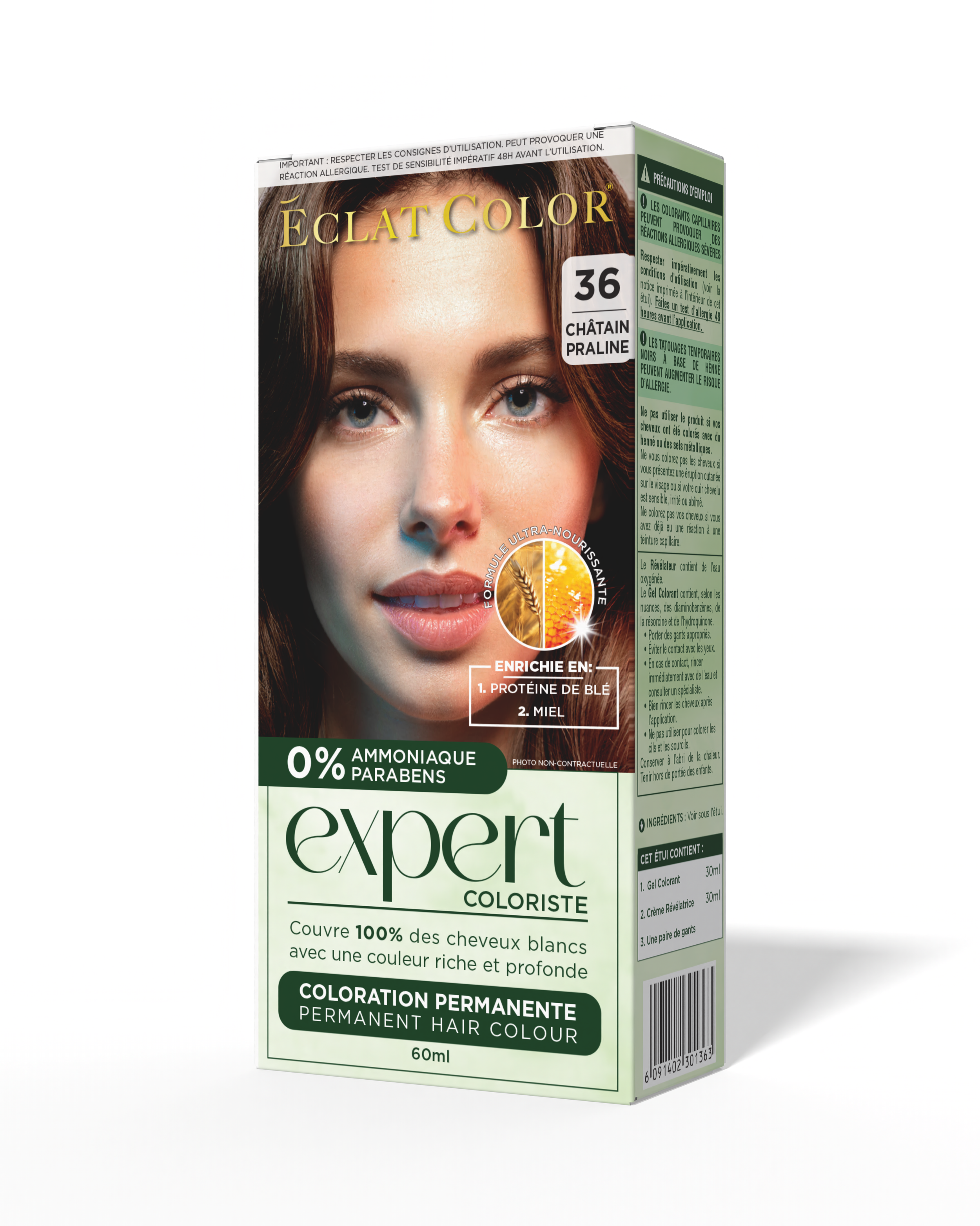 Box of permanent hair dye with a woman's face on it, labeled 'Expert Coloriste' in green, indicating it covers 100% of white hair with rich, deep color, rated for 60 ml, with labels highlighting '0% ammonia' and 'parabens' and a color number 36 for praline caramel shade.