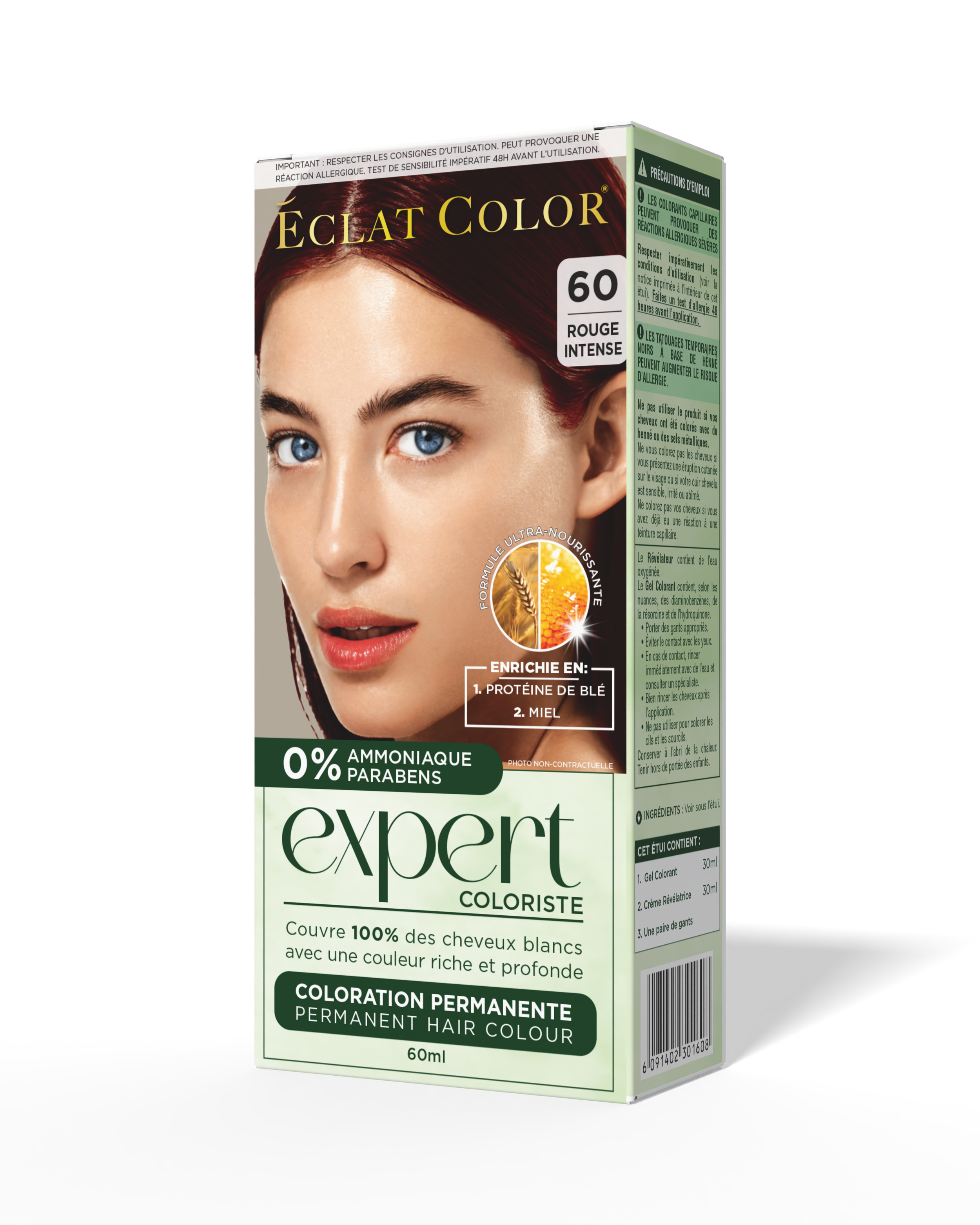 Box of Eclat Color permanent hair dye with a close-up of a woman's face with blue eyes and red hair. The packaging indicates the shade is 60 Rouge Intense, with a green and white design highlighting 0% ammonia and parabens, enriched with wheat protein and honey.
