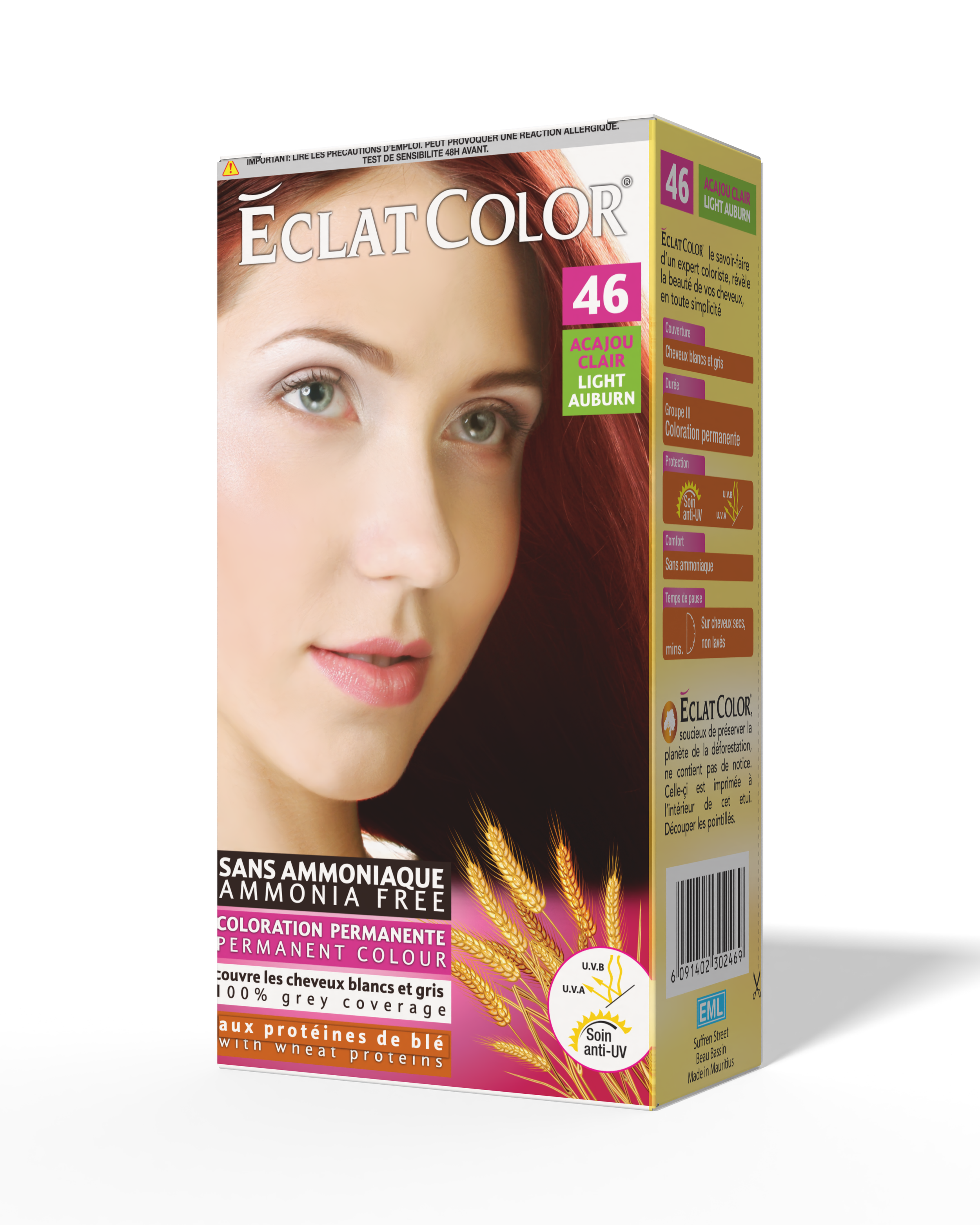 Box of Eclat Color permanent hair dye in shade 46 Light Auburn, featuring a woman with red hair and light skin, with text indicating it's ammonia free, offers UV protection, and contains wheat proteins.