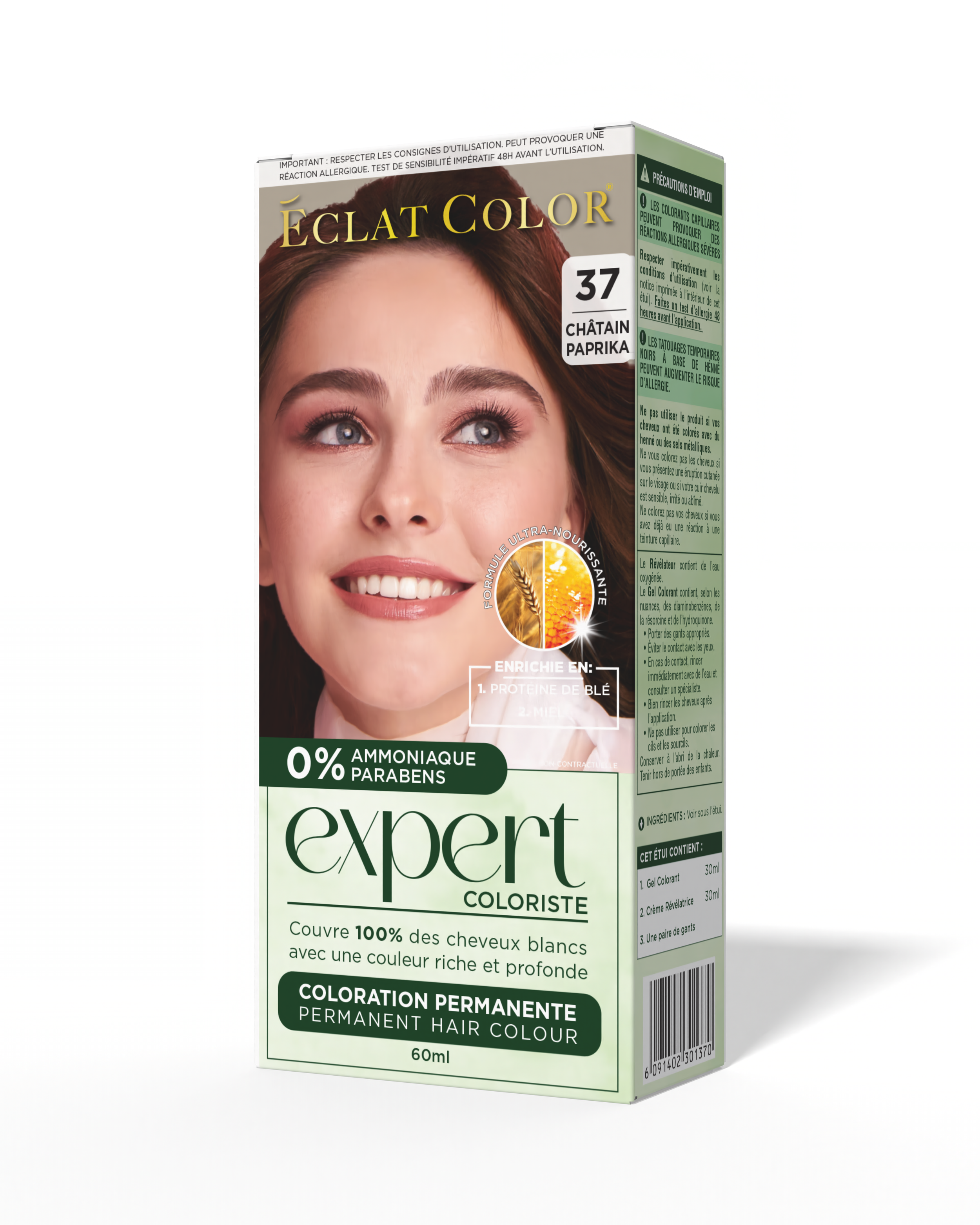 Box of expert permanent hair color dye with a woman with brown hair smiling on the package, labeled number 37 Châtain Paprika, containing 60ml, with green and white packaging, and text indicating it covers 100% of gray hair with deep rich color, free of ammonia and parabens.