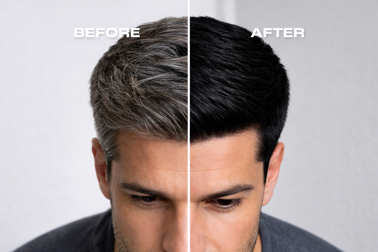 Split image showing a man's hair before and after hair treatment, with 'BEFORE' label on the left and 'AFTER' label on the right.