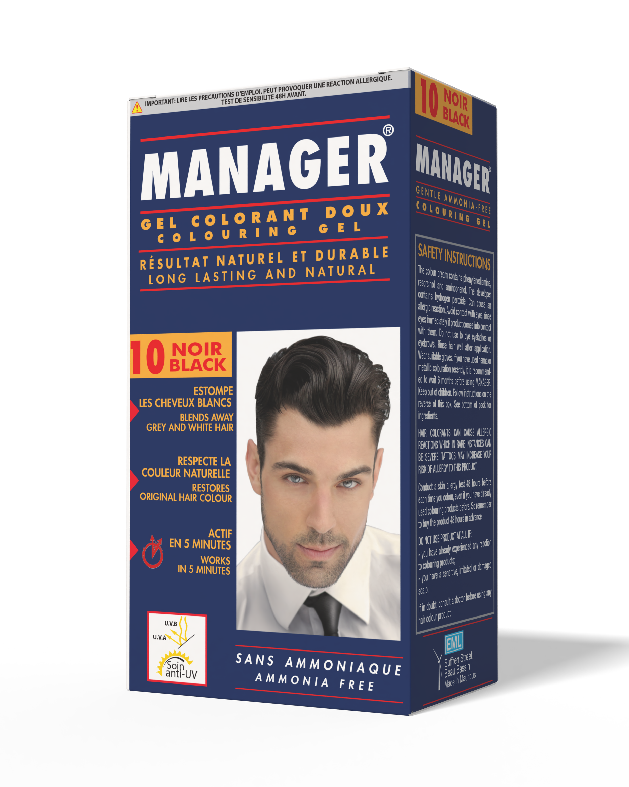 Box of MANAGER hair coloring gel in black, featuring a photo of a man with styled dark hair, and text indicating it is ammonia-free, quick-acting, and suitable for light blonde to white hair.