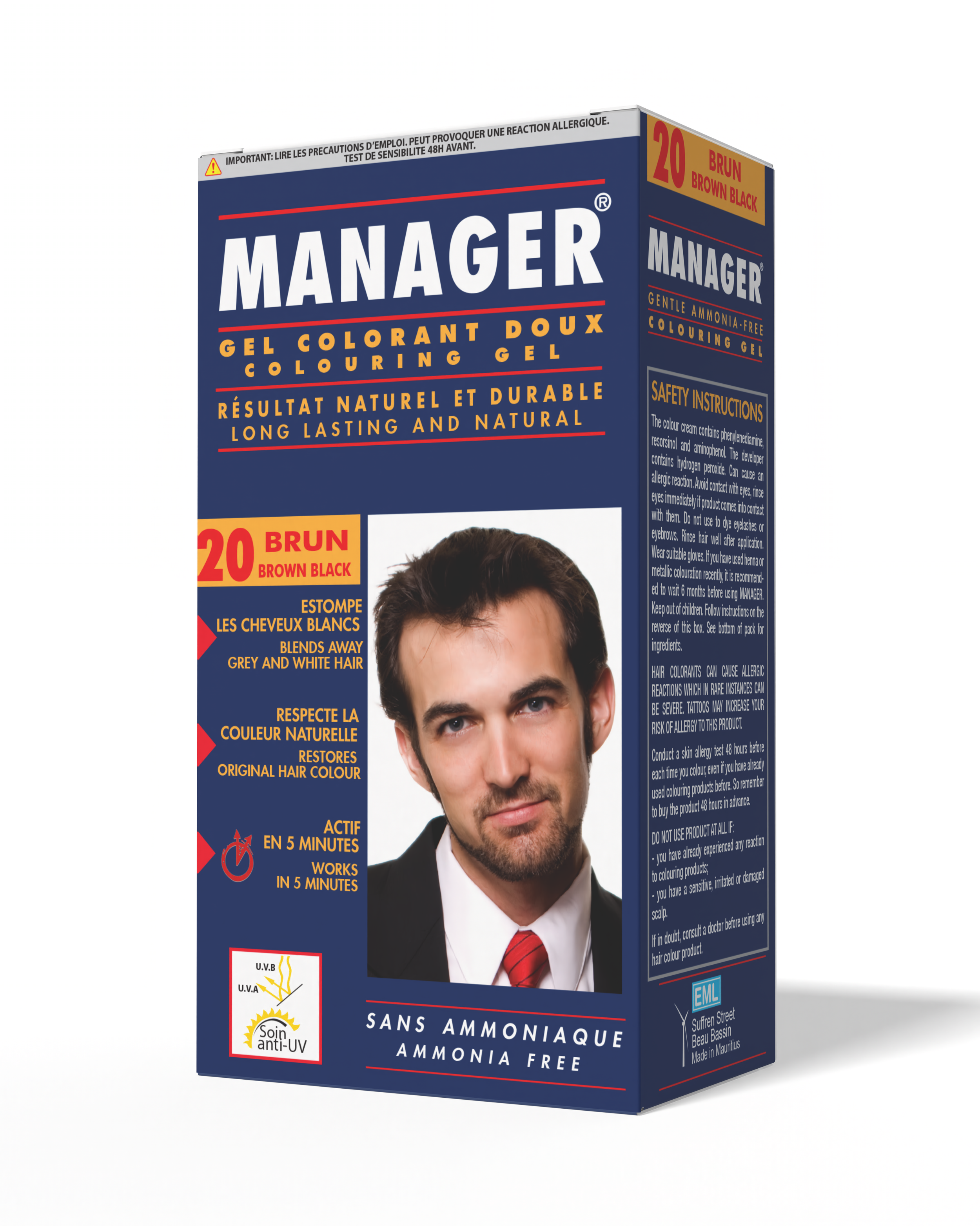 Box of Manager gentle ammonia-free hair coloring gel in brown black shade with a photo of a man with dark hair and a red tie on the front, surrounded by text in French and English describing the product's features.