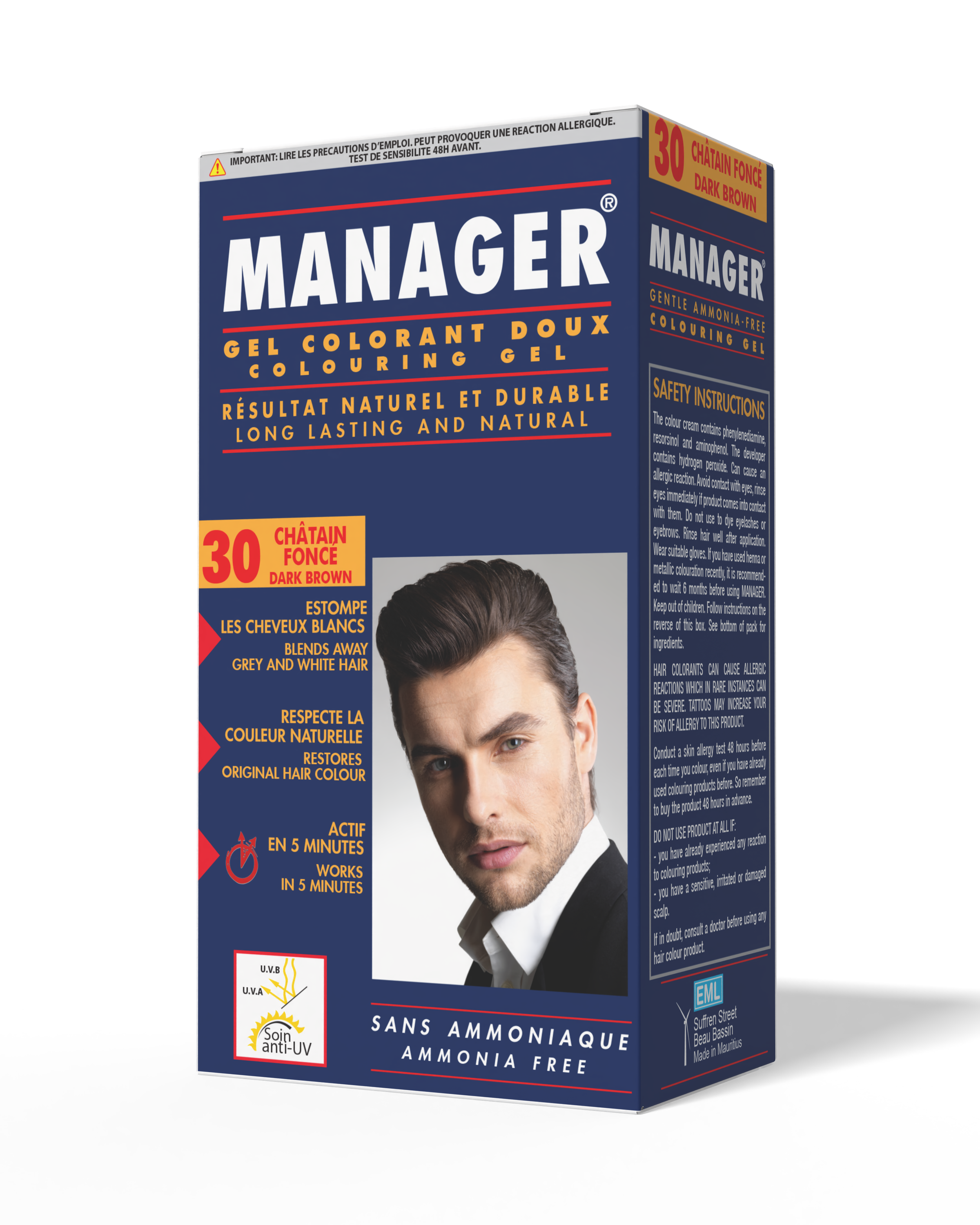 Box of MANAGER gentle ammonia-free hair dye in dark brown shade, with a picture of a man with dark brown hair on the front, and text in French and English.