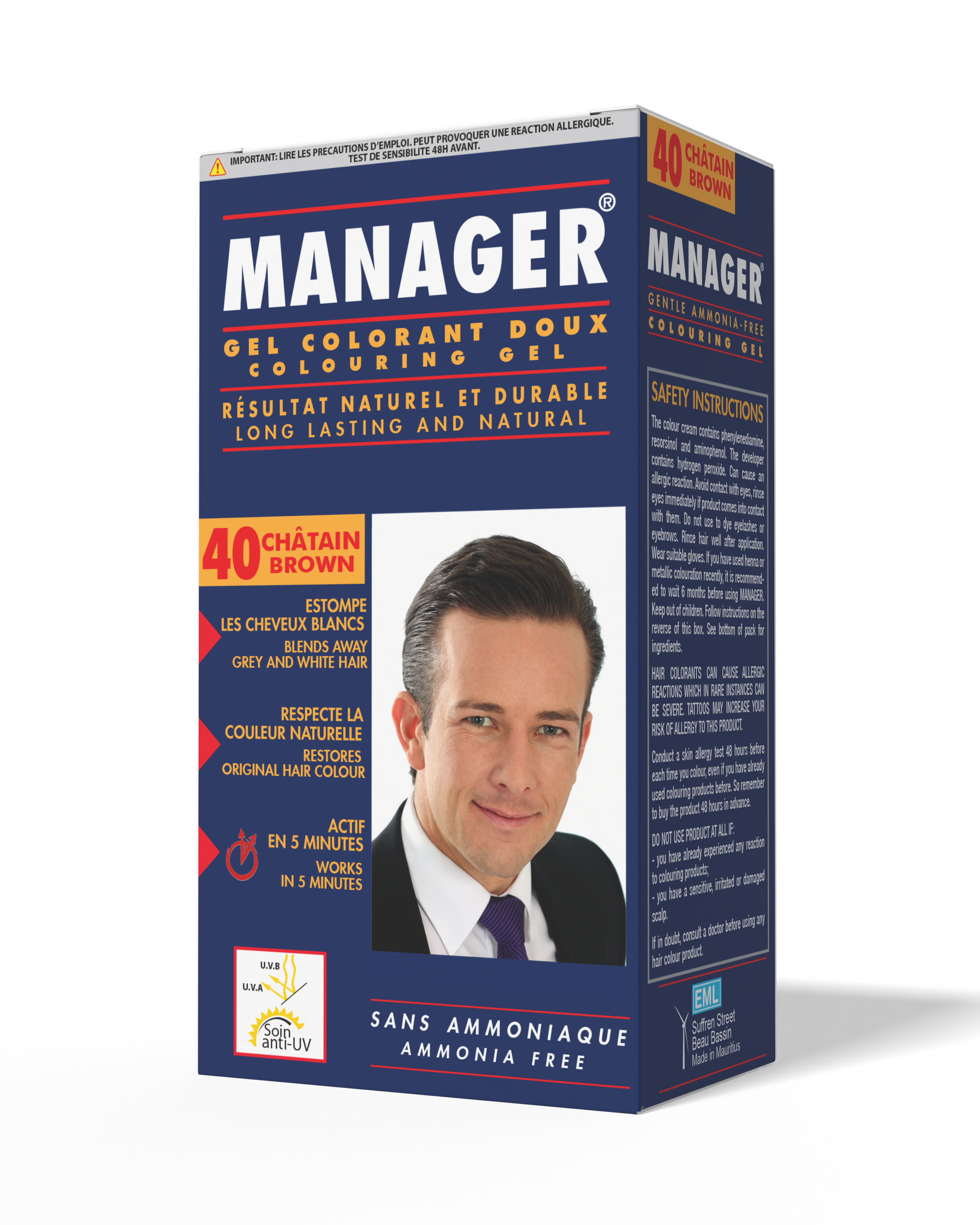 Package of Manager gentle ammonia-free hair coloring gel in shade 40 Châtain Brown, with a man with dark brown hair and suit on the front.