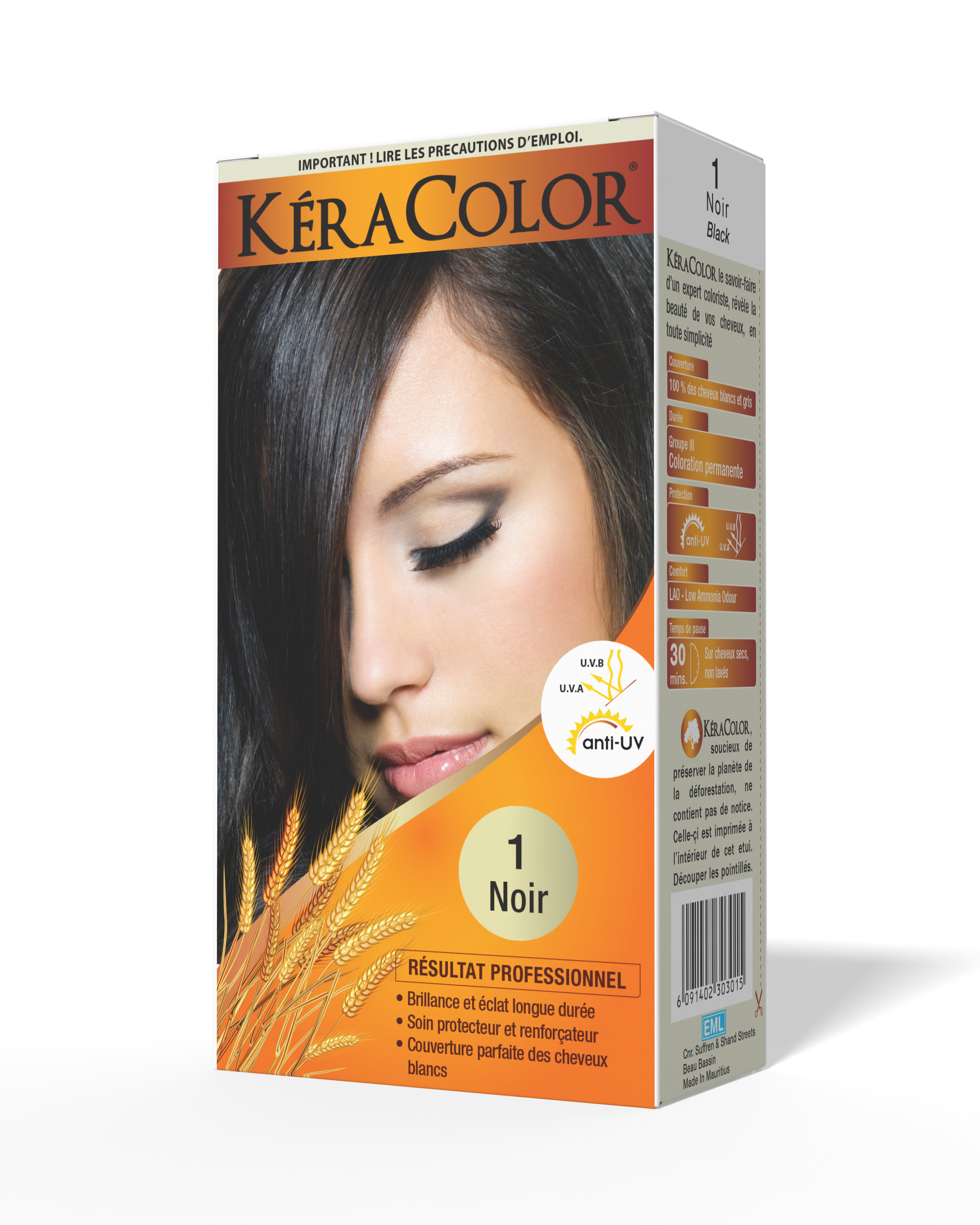 Packaging of KeraColor hair dye in shade 1 Black with a woman's face on the front, showing shiny, black hair and wheat graphic, with product details and features in French and icons indicating UV protection and long-lasting color.