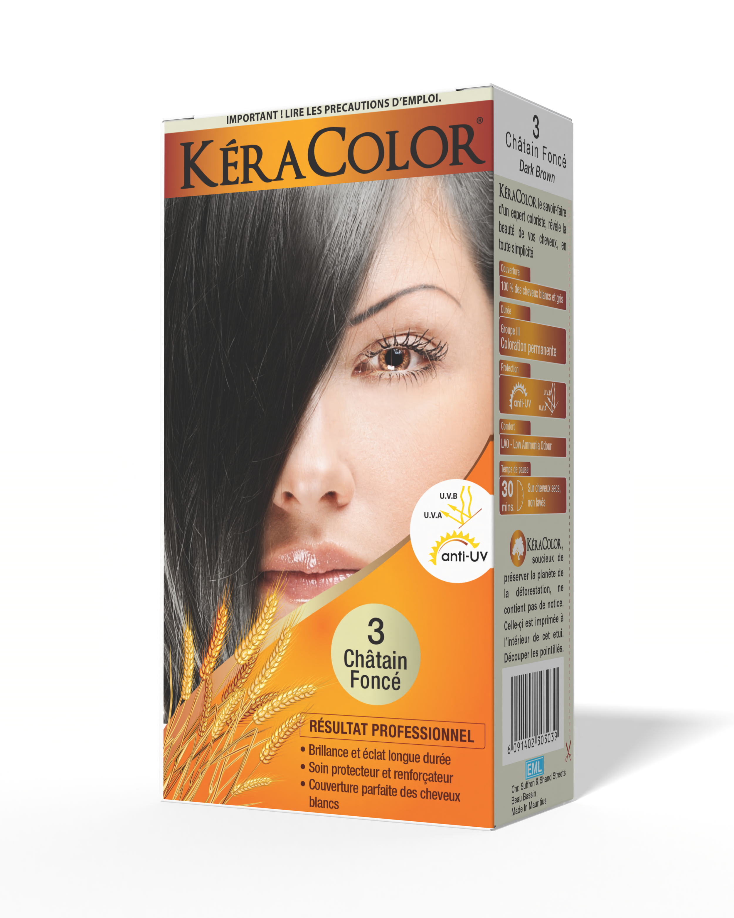 Box of KeraColor hair dye in shade 3 Châtain Foncé (Dark Brown) showing a woman with dark hair, wheat graphic at the bottom, and various product features listed on the side.
