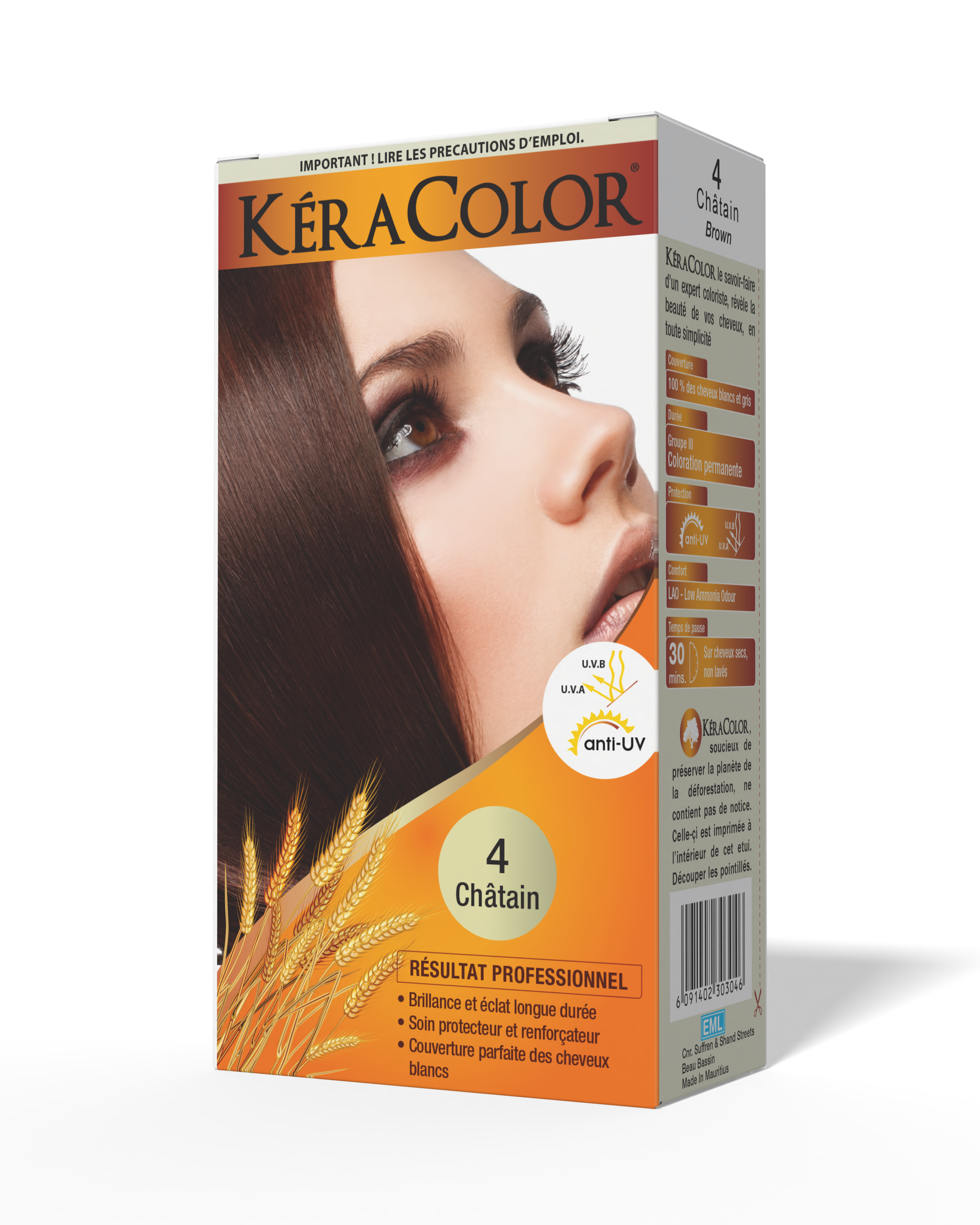 Box of KeraColor hair dye in shade 4 Châtain Brown, featuring a woman with brown hair on the front and wheat graphic on the bottom.