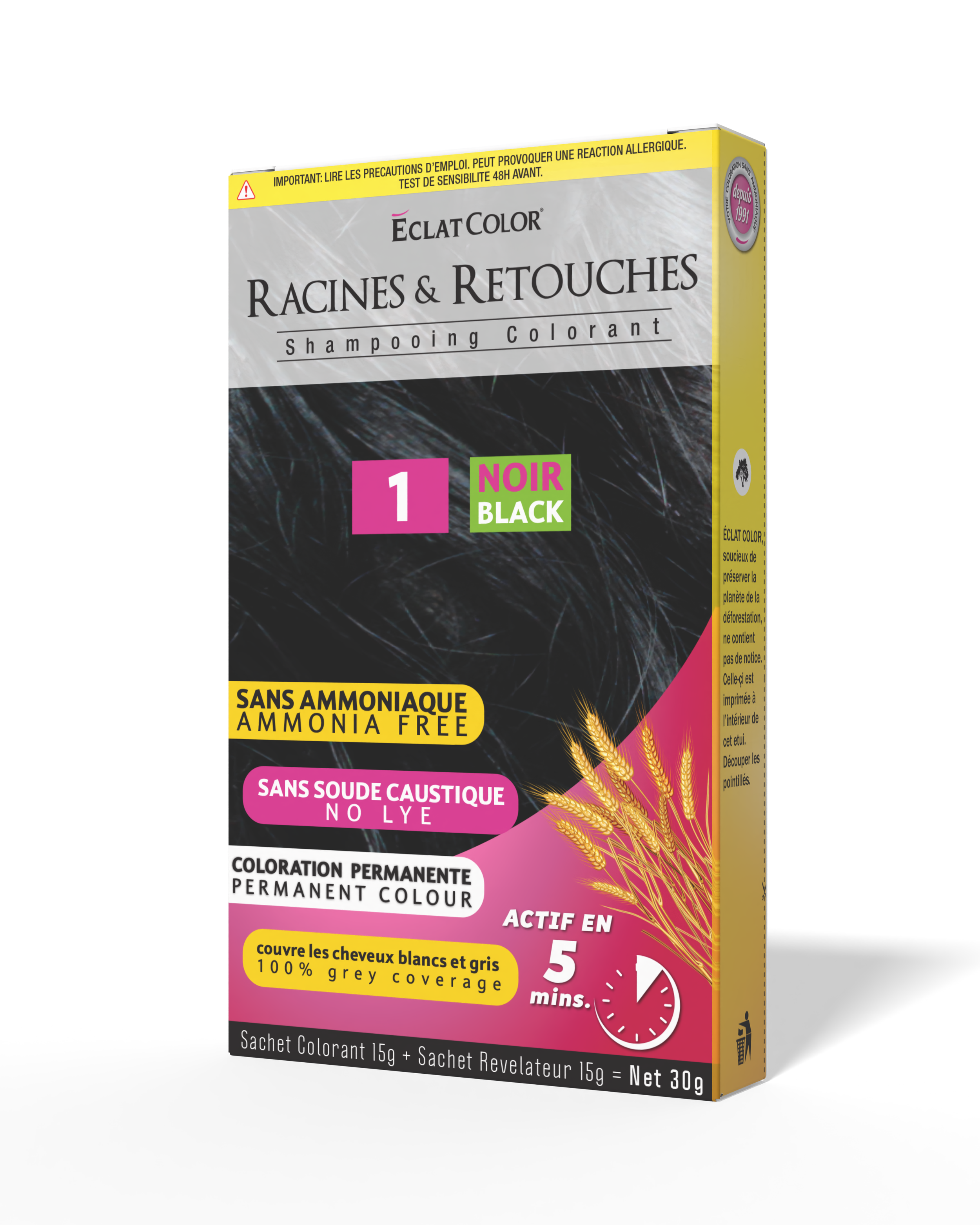 Box of Eclat Color roots and touch-up shampooing colorant in black, free from ammonia and caustic soda, for permanent coloring, effective in 5 minutes, with two packets for 30 grams total.