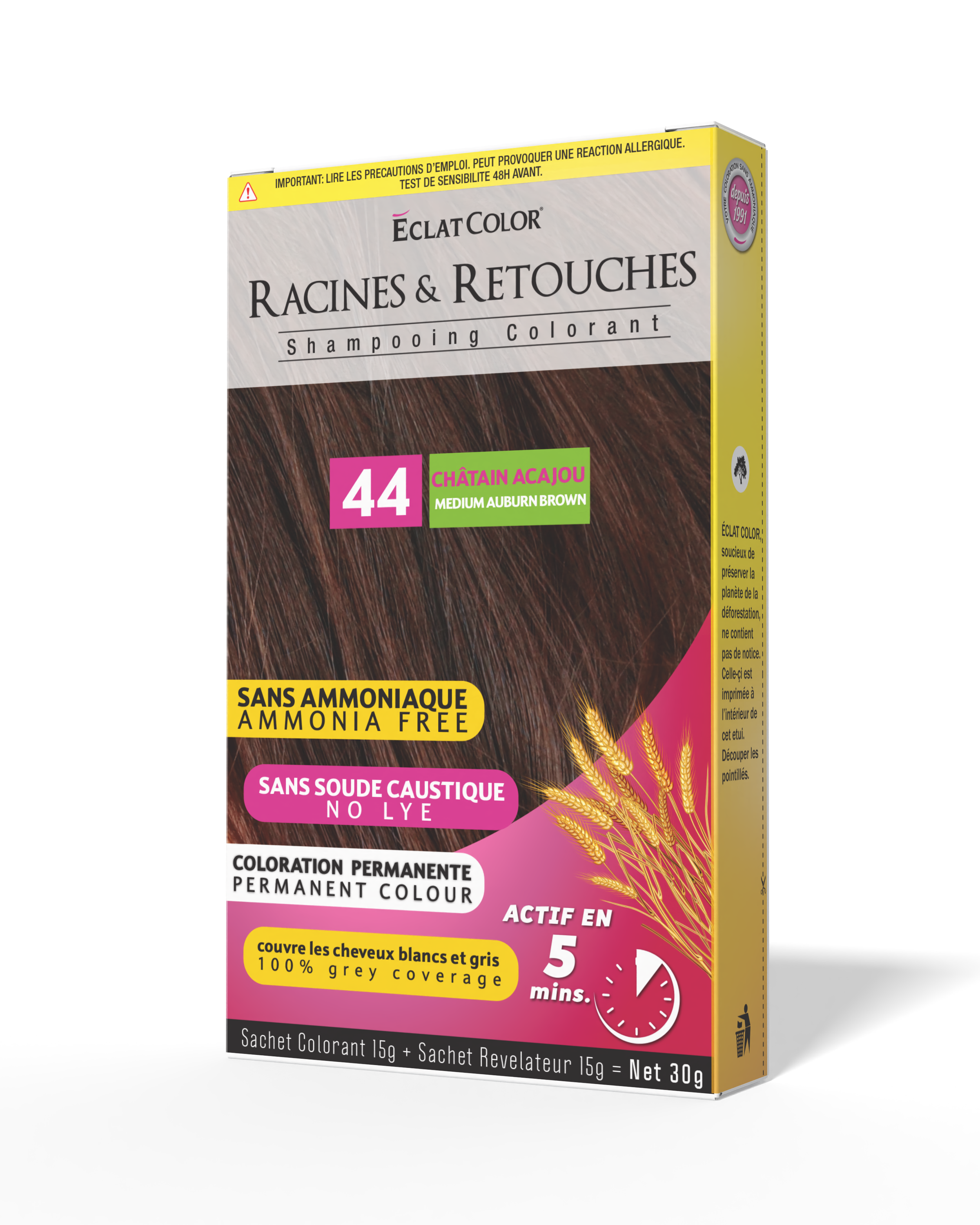 Box of hair color dye with brown hair on the packaging, labeled 'Eclat Color' for roots and retouches, shade 44 Medium Auburn Brown, ammonia free, no lye, permanent color, active in 5 minutes.