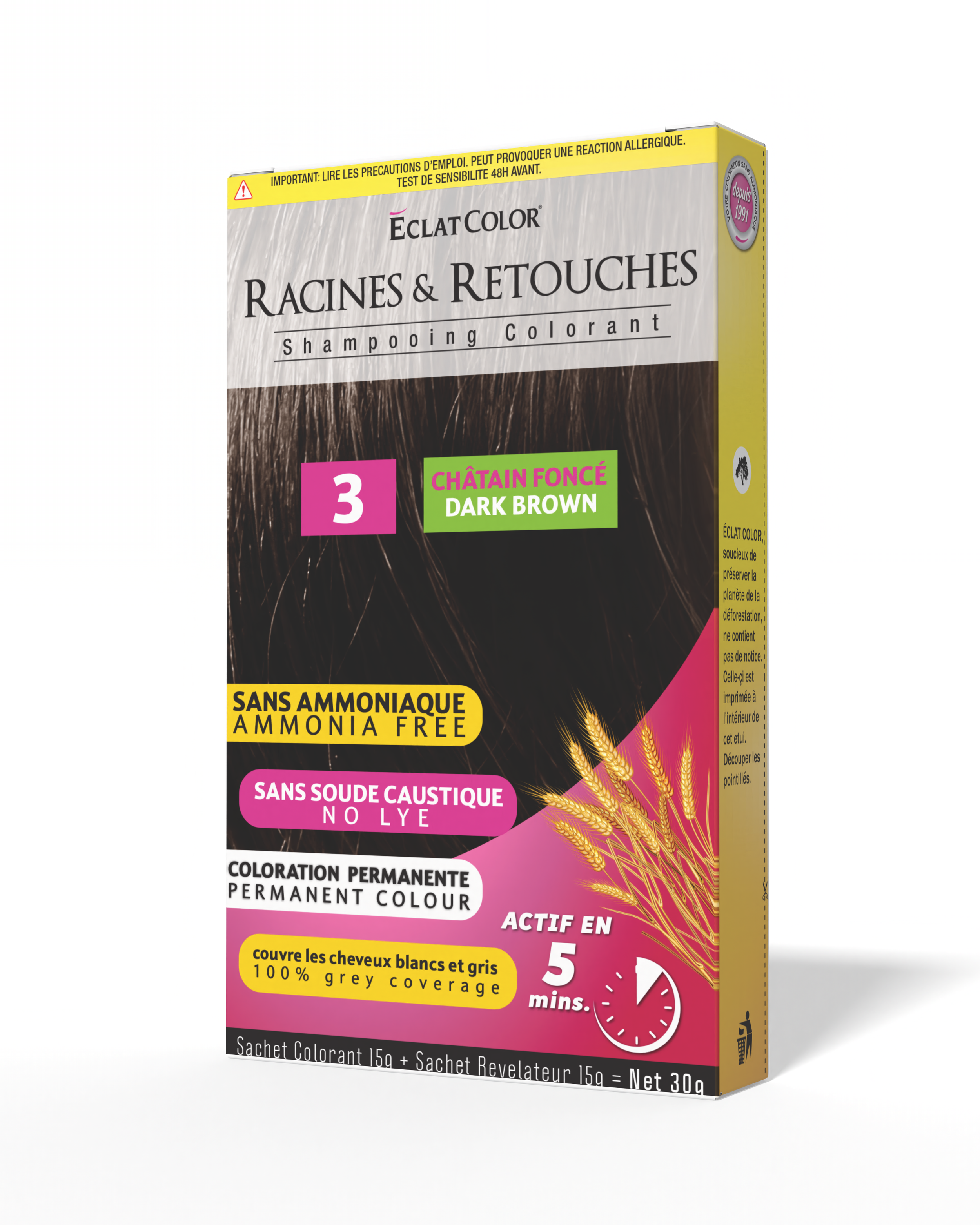 Packaging box of Eclat Color hair dye in dark brown shade. The box features yellow, pink, green, black, and white colors with text in French and English, indicating it is ammonia and caustic soda free permanent hair color that covers gray hair in 5 minutes.