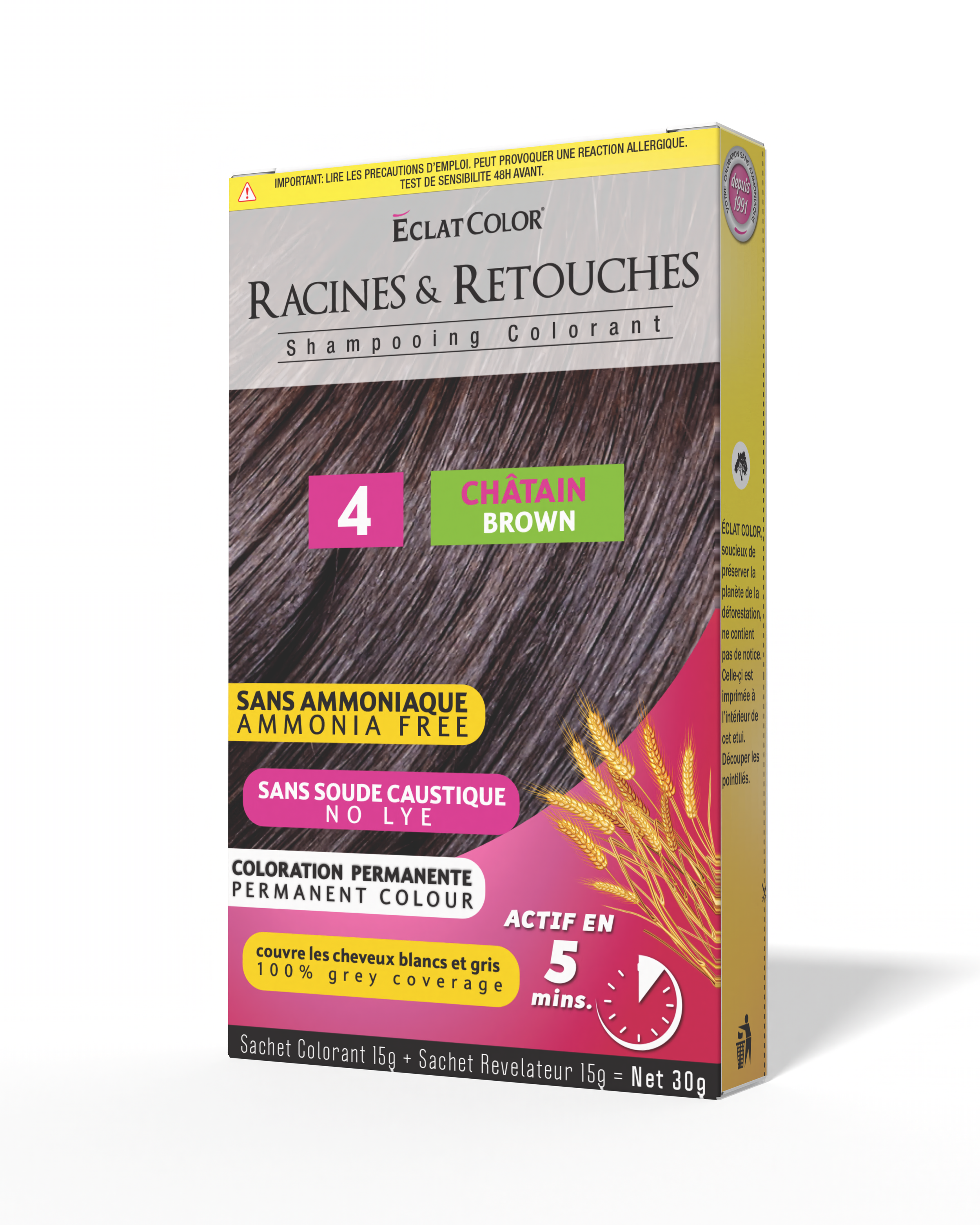 Box of Eclat Color roots and touch-up hair dye in shade 4 châtain brown, indicating it is ammonia free, caustic soda free, and provides permanent color coverage in 5 minutes.