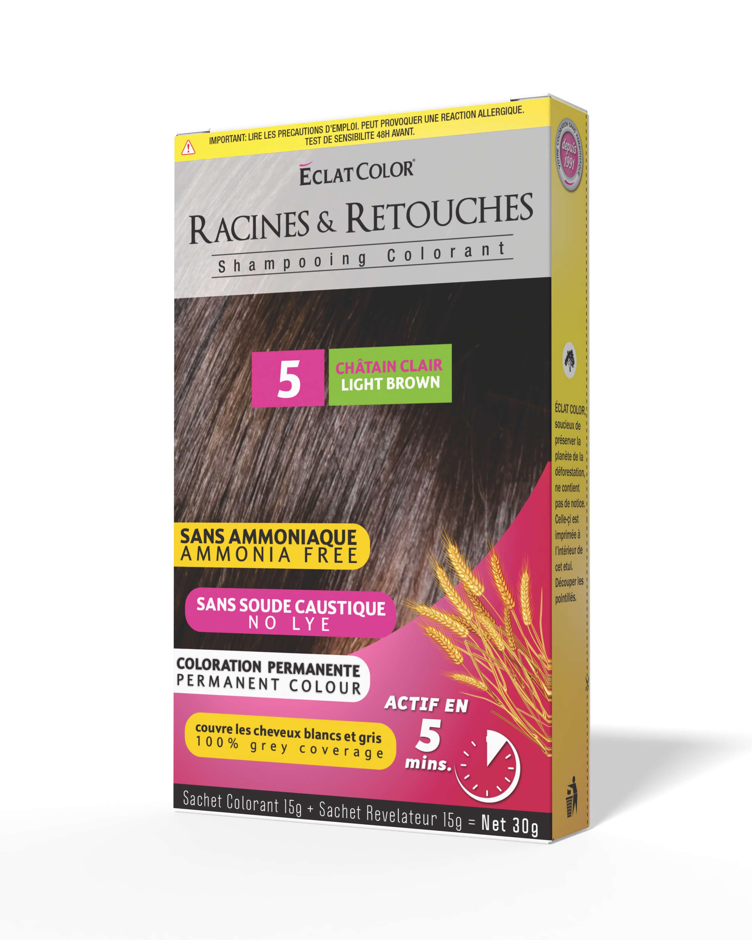 Hair coloring box labeled 'Eclat Color Racines & Retouches' for light brown shade, ammonia free, no lye, active in 5 minutes, with yellow, pink, white, and gray design elements.