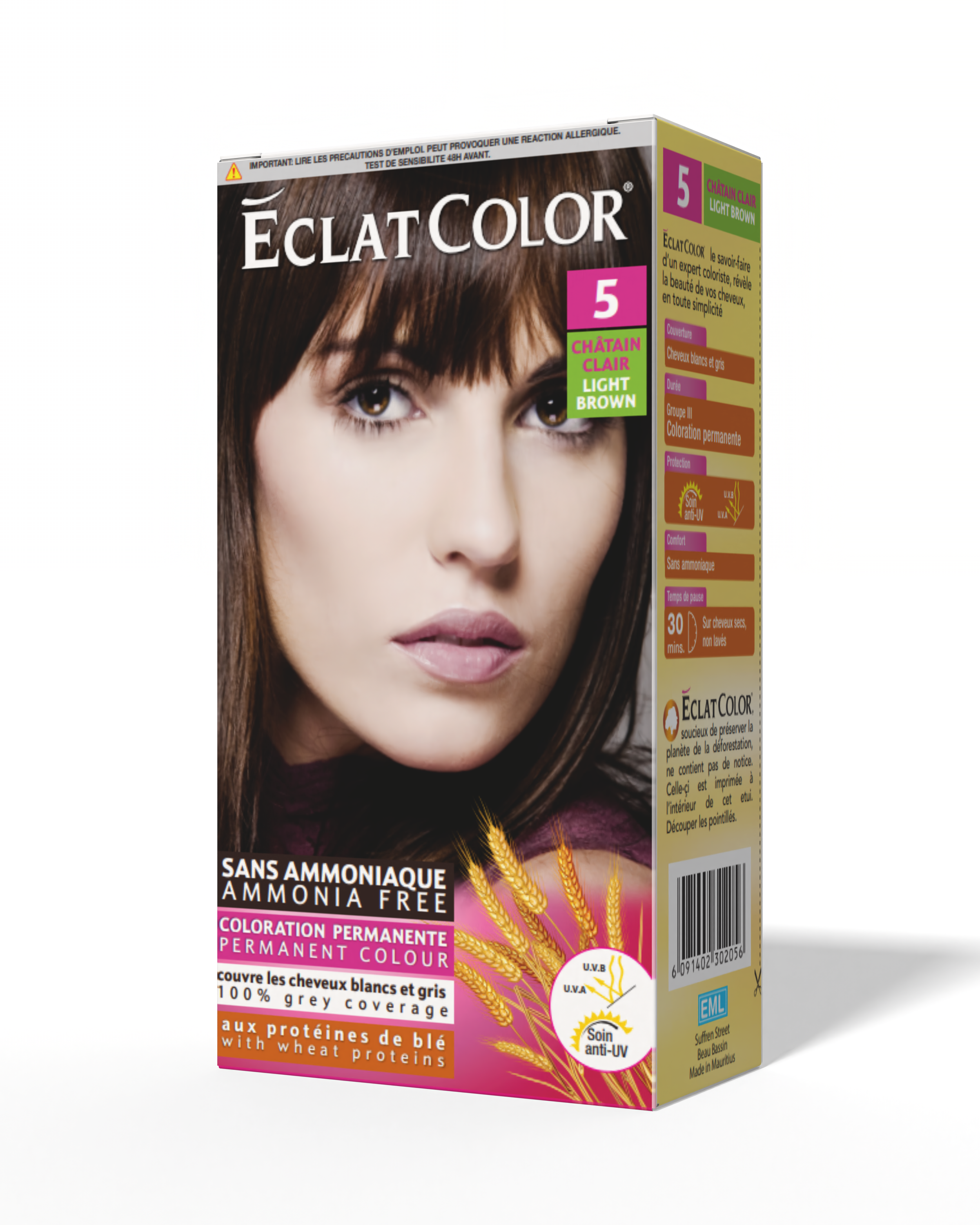 Packaging of Éclat Color hair dye in light brown shade, featuring a portrait of a woman with brown hair, along with labels indicating 'ammonia free' and 'permanent color,' and icons for UVA and UVB protection.