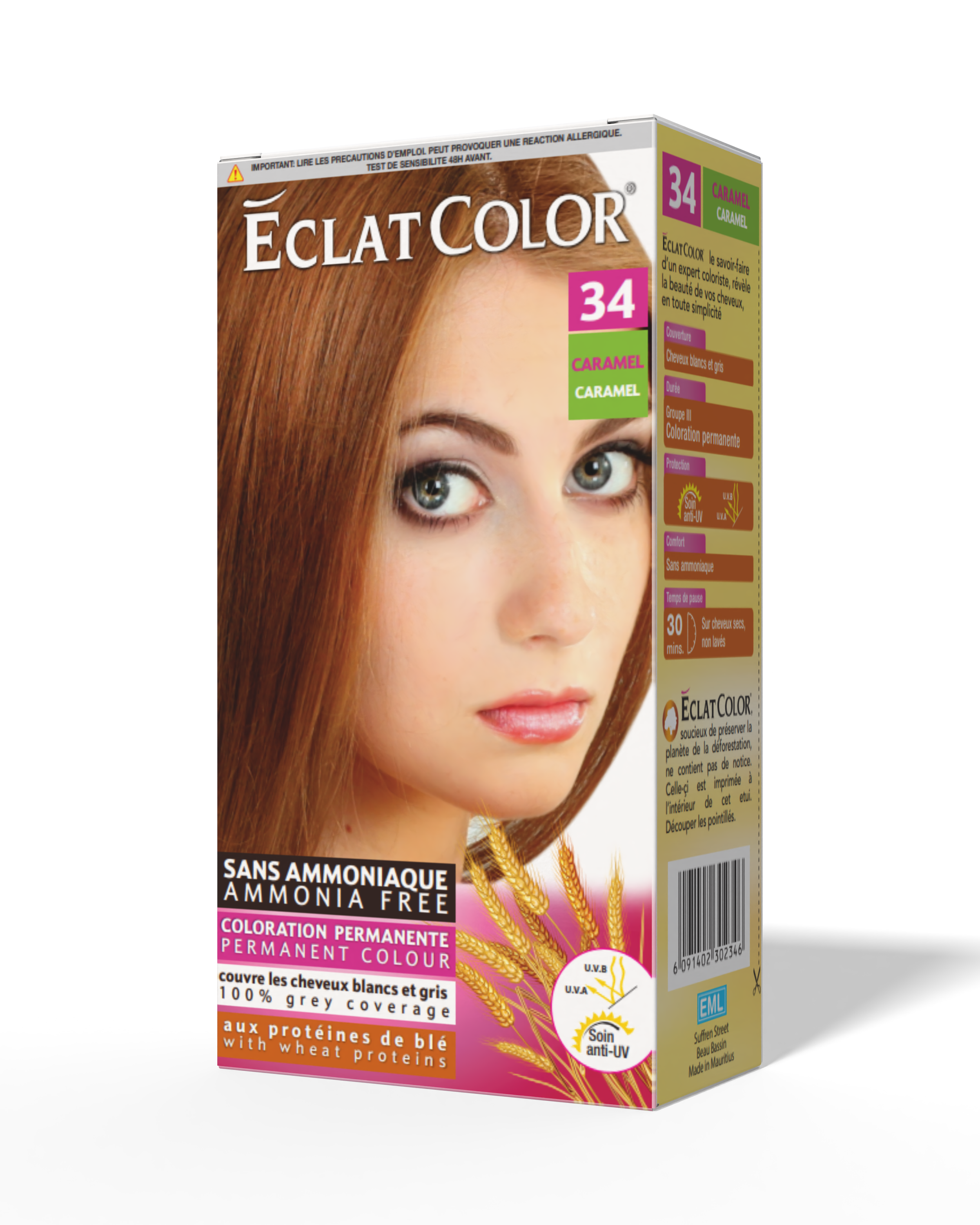 Box of Éclat Color permanent hair dye in shade 34 caramel, featuring a woman with long, caramel-colored hair on the front packaging.