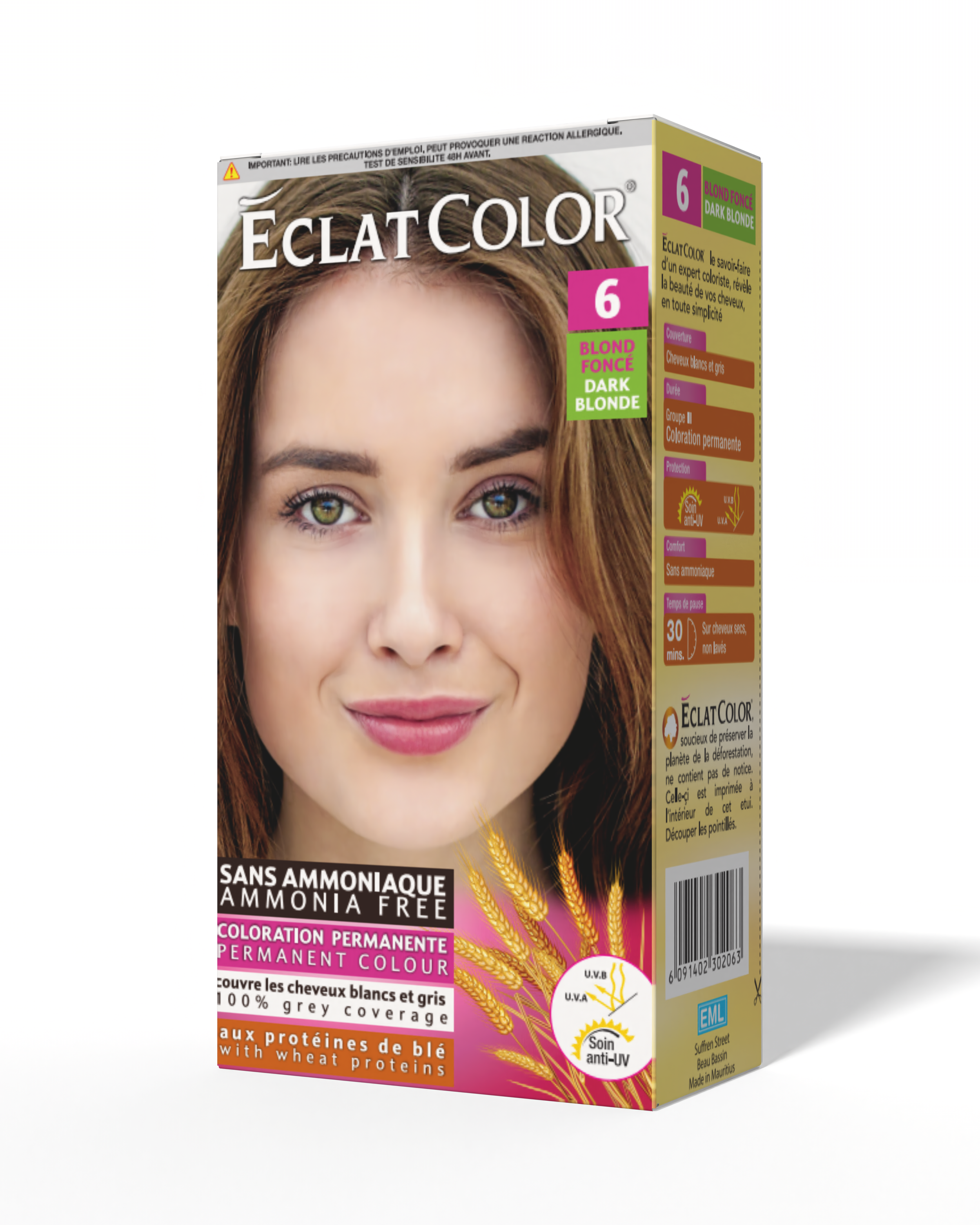Box of Eclat Color permanent hair dye in shade 6 Dark Blonde, featuring a smiling woman with long brown hair and green eyes.