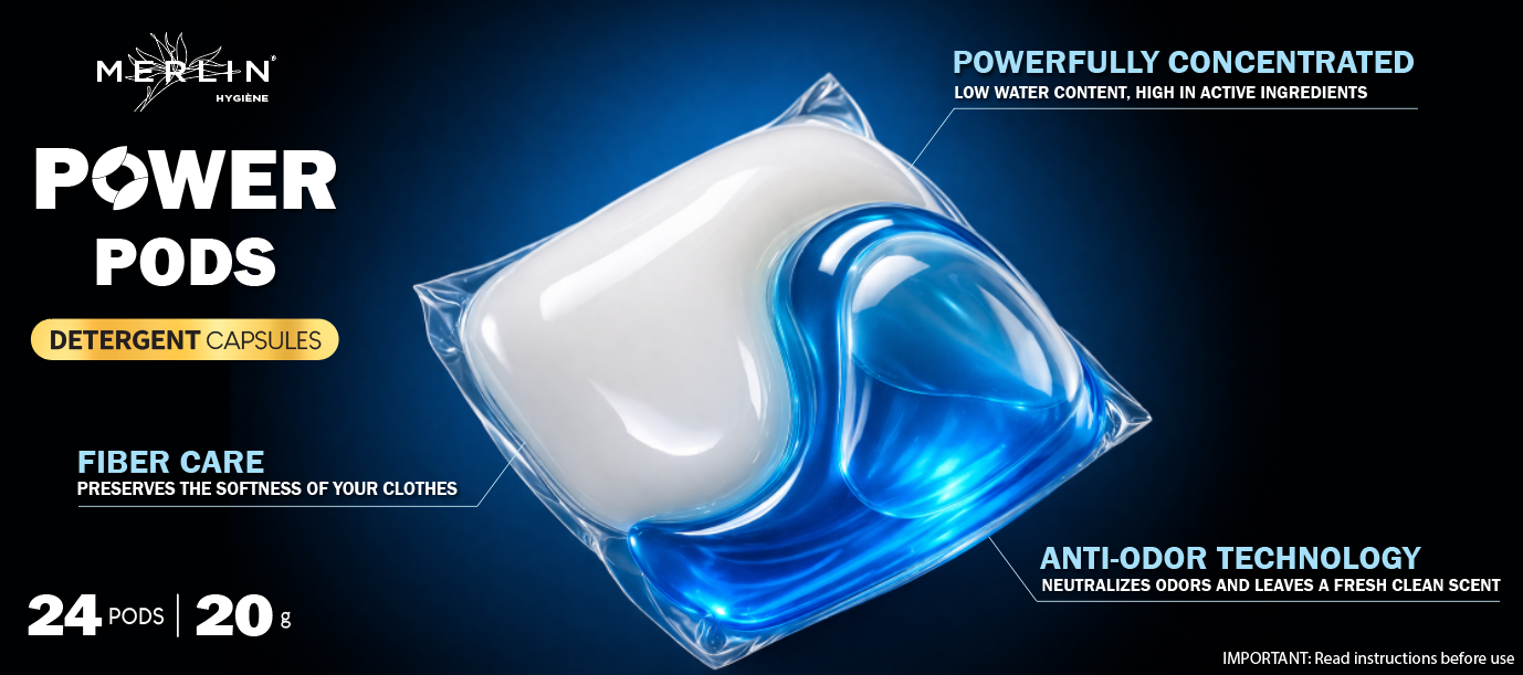 Packaging of Merelin Power Pods for detergent capsules, with features like fiber care, anti-odor technology, and concentrated ingredients, with a dark blue background.