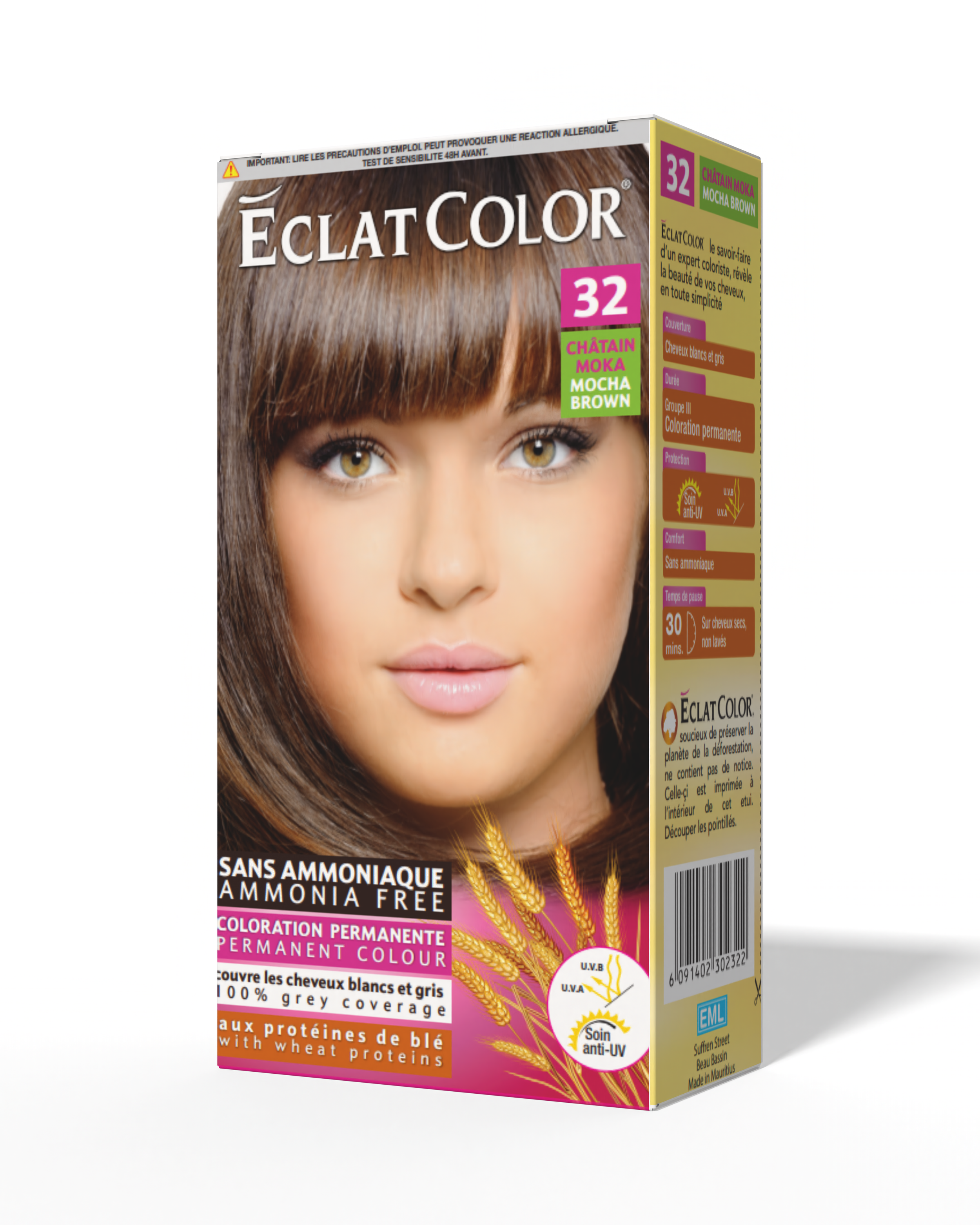 Box of Éclat Color permanent hair dye in shade 32 Mocha Brown featuring a woman with light brown hair and bangs.