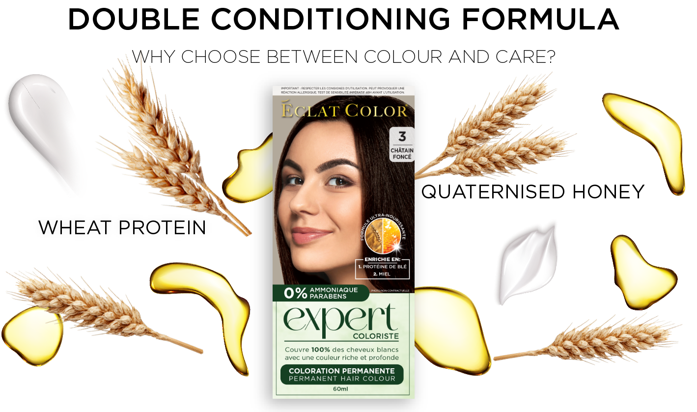 A hair coloring product box labeled "Expert Coloriste" with the shade "3 Châtain Foncé," surrounded by wheat protein, quaternized honey, white and yellow hair dye swatches, and wheat stalks, illustrating a double conditioning hair color formula.