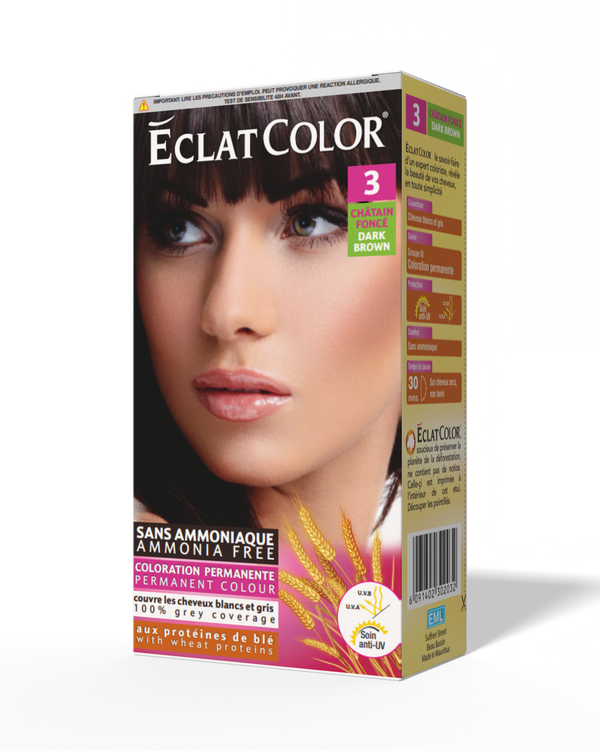 Packaging of Eclat Color permanent hair dye in dark brown, featuring a close-up of a woman with dark brown hair and makeup.