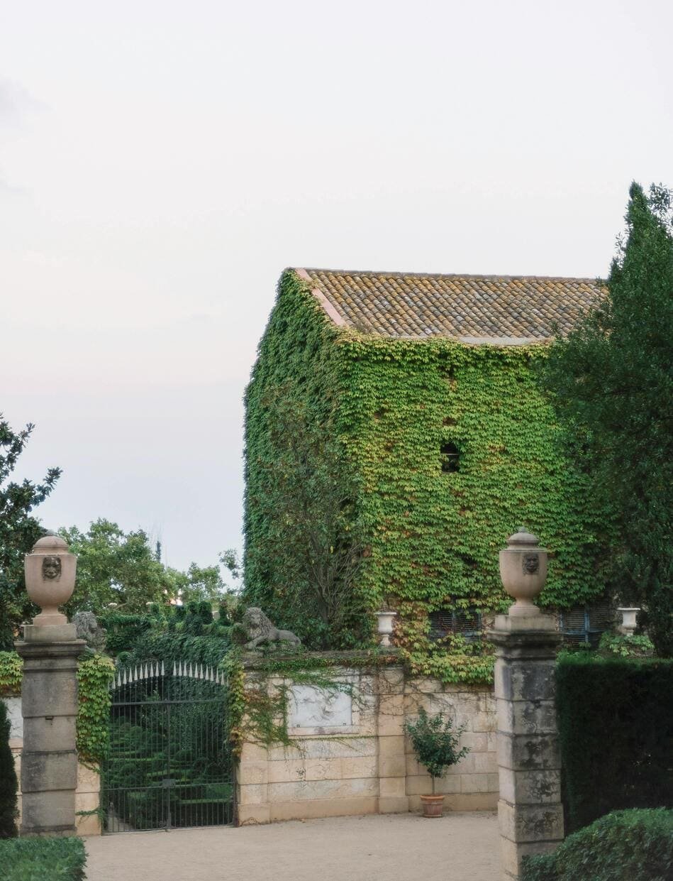 A stone wall with a gated entrance, decorative urns on columns, and an ivy-covered building behind, surrounded by greenery.