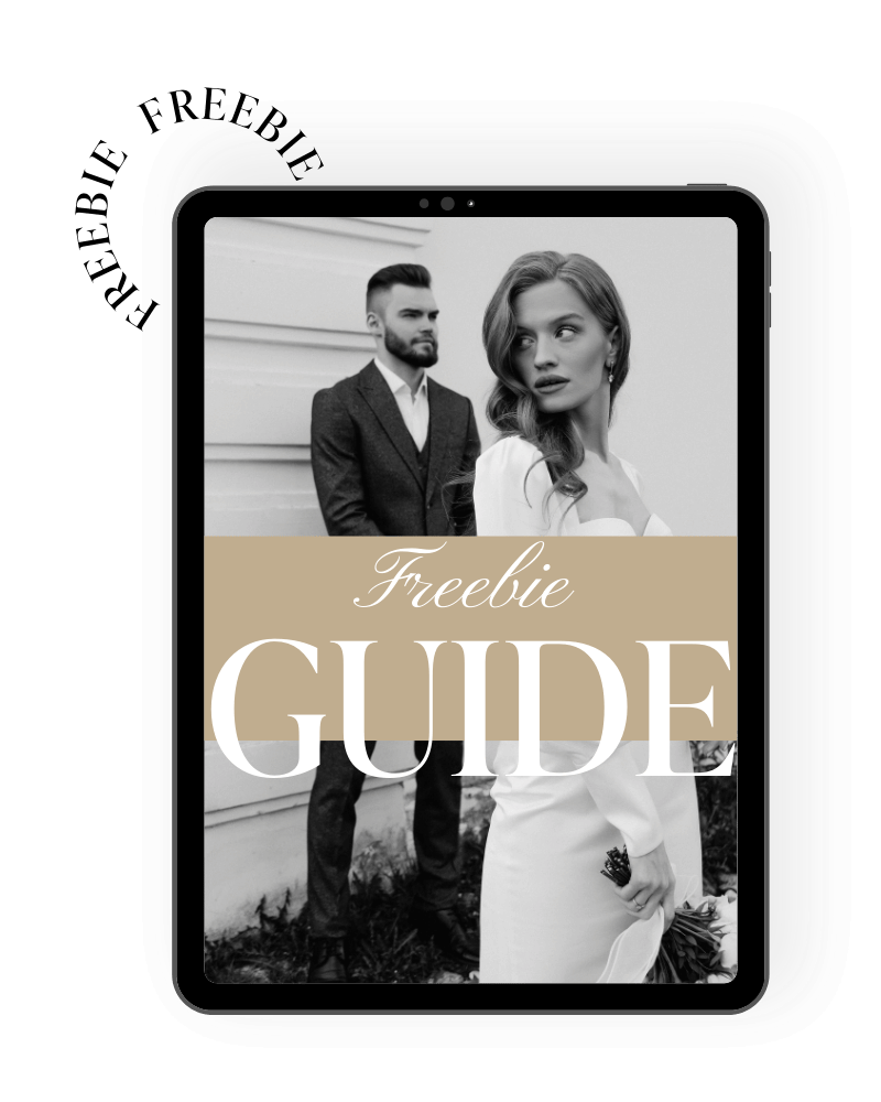 A black and white photo of a couple, with the woman in the foreground and the man in the background, on a tablet screen. The woman has wavy hair and is holding a bouquet, while the man has a beard and is dressed in a suit. The text on the screen reads "Freebie GUIDE" in stylish font.
