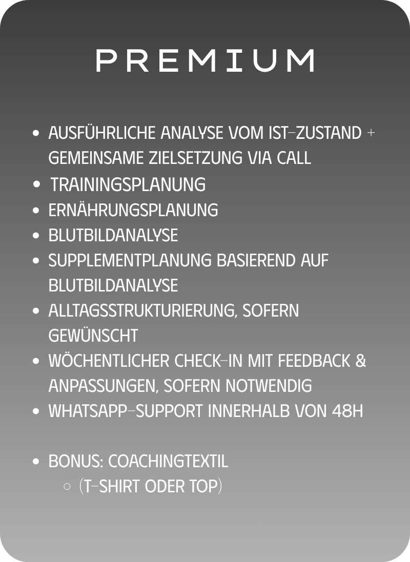 Hintergrund mit grauem Farbverlauf und weißem Text, der ein Premium-Coachingpaket beschreibt, inklusive Analyse, Trainings- und Ernährungsplanung, Blutbildanalyse und Support.