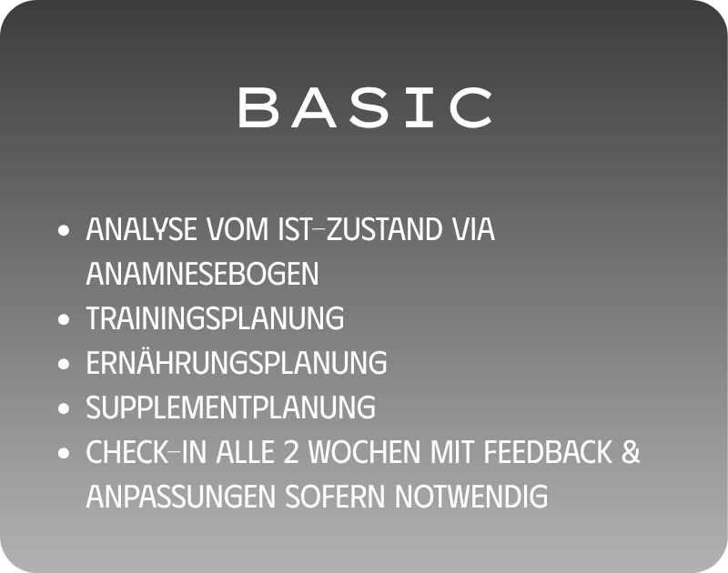 Folie mit dem Titel 'BASIC', enthält Stichpunkte zur Gesundheits- und Ernährungsplanung in deutscher Sprache, wie Anamnese, Trainingsplanung, Ernährungsplanung, Supplementplanung, alle zwei Wochen Feedback.