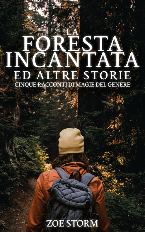 The cover of the book "La Foresta Incantata ed Altre Storie" by Zoe storm. The cover depicts a person standing in front of a foreboding forest.