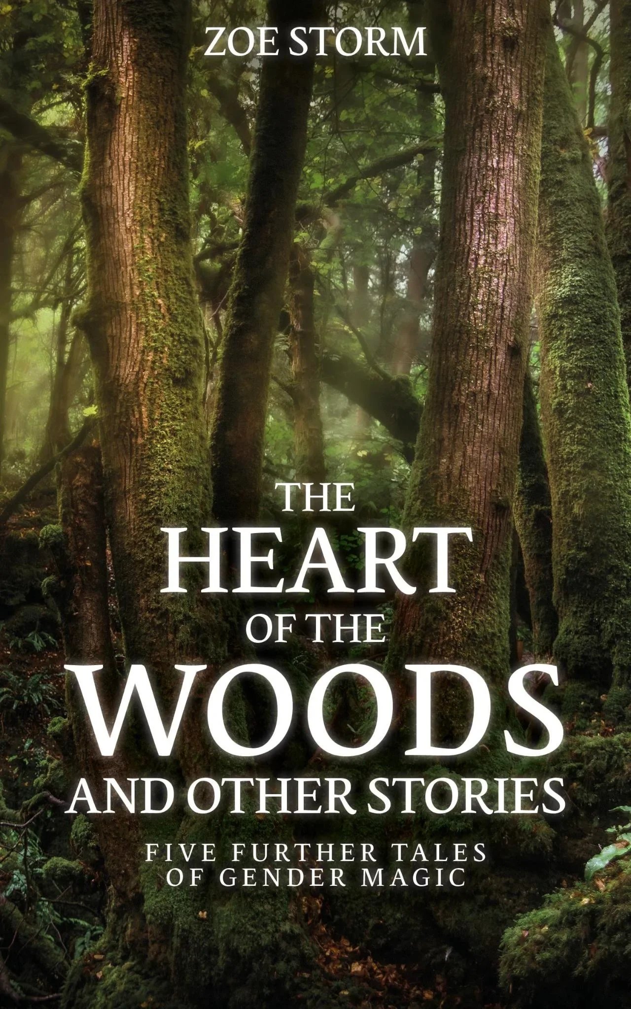 The cover of the book "The Heart of the Woods and Other Stories" by Zoe Storm. The cover depicts a dark, foreboding forest.