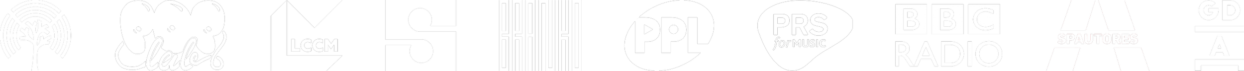 A collection of logos from various media and broadcasting organizations, including BBC Radio, LCCM, PPL, PRS for Music, and others, all set against a neutral background.