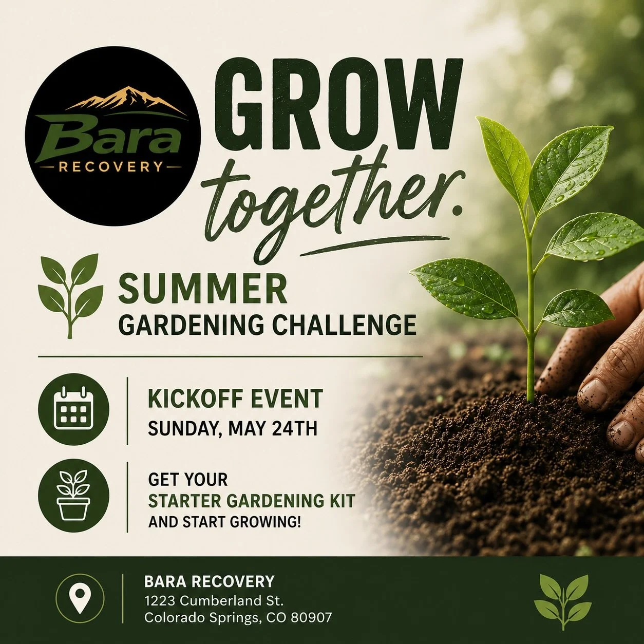 Join us for our Summer gardening challenge!! 🏆

🌱 Growing together looks a lot like gardening.

You start with rough soil, small seeds, and faith that something beautiful can grow with time, consistency, and care.

At Bara Recovery￼, we believe gar
