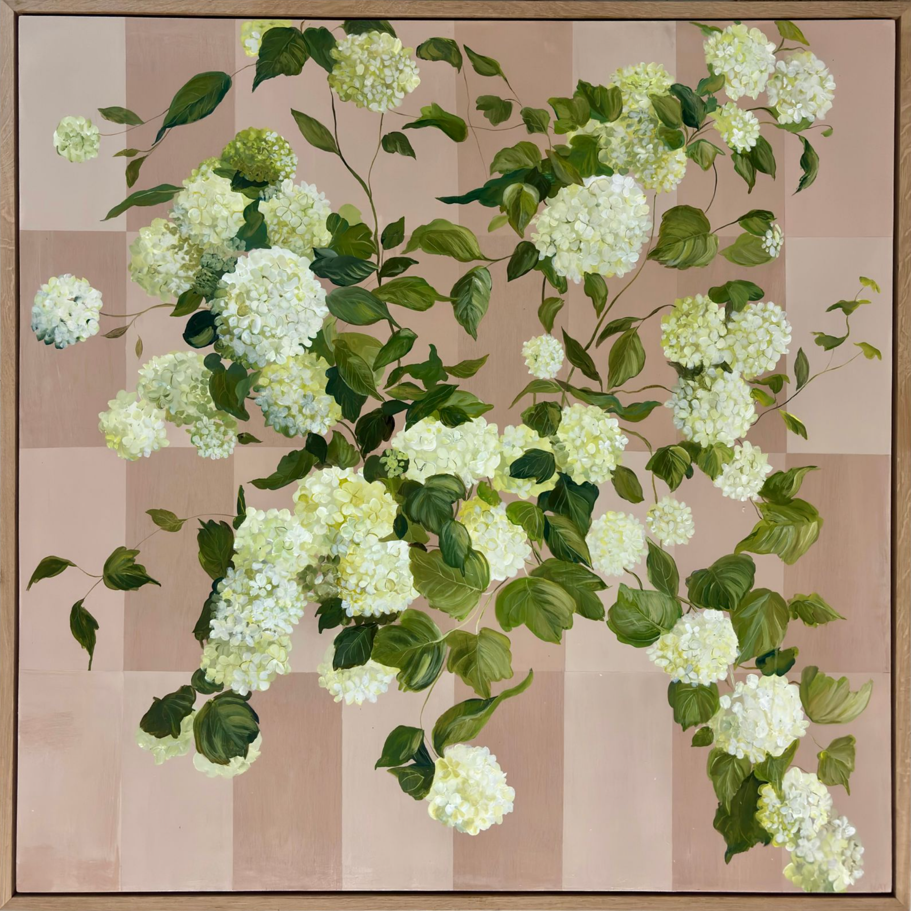 Painting of white hydrangea flowers and green leaves against a beige checkered background.